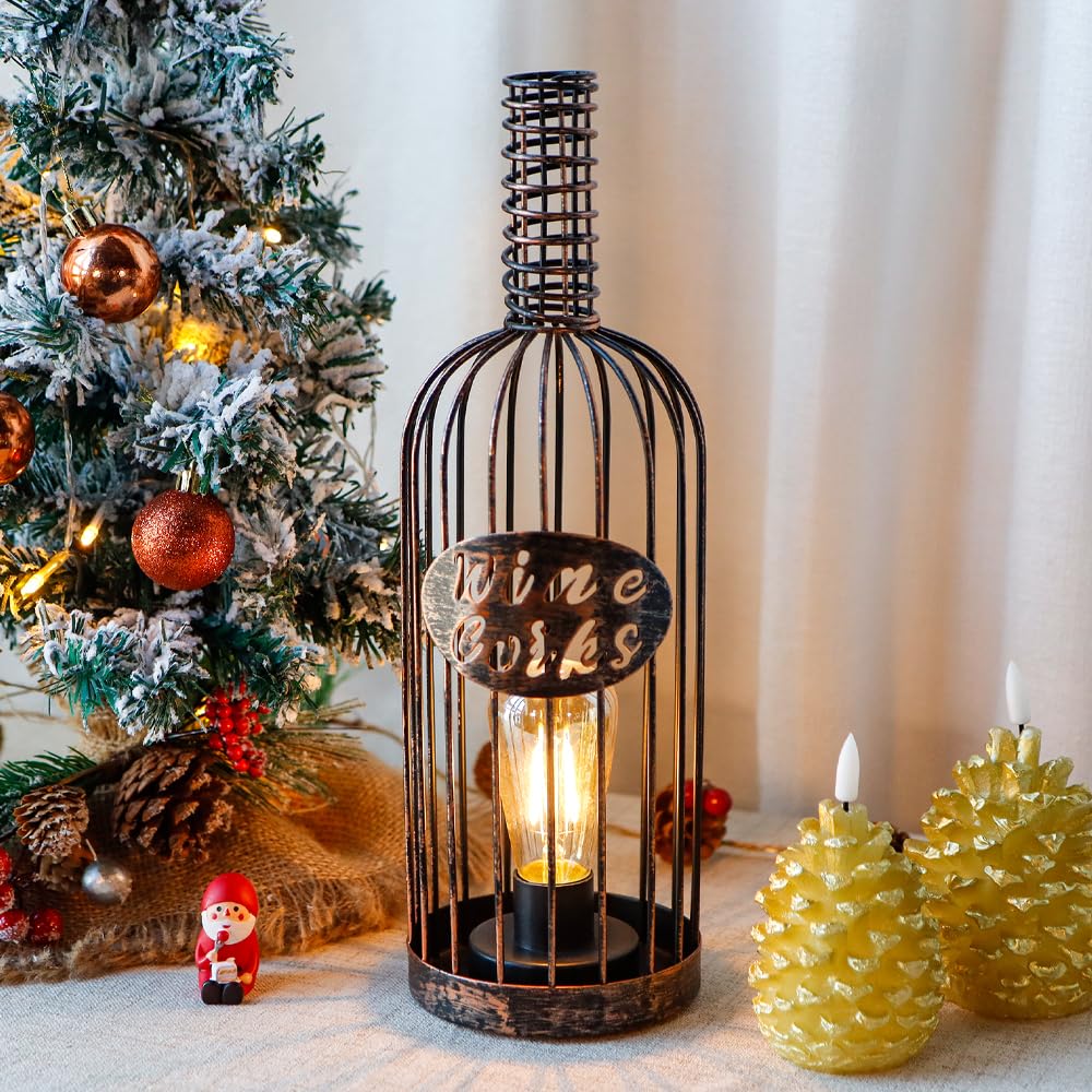 Jhy Design Decorative Table Lamp Battery Powered 13.5”H Cordless Metal Wine Cork Holder Lamp With 6-Hour Timer For Tabletop Home Patio Dining Room Living Room(Black Brushed Gold)