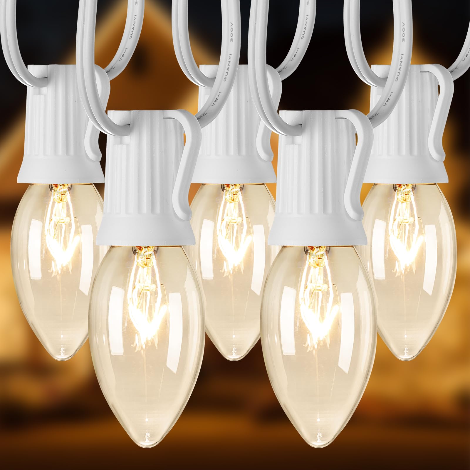 Brightown C9 Bulb String Lights for Outdoor, 25FT Warm White Clear Glass, Model GYPI-O257AU, Clear White Wire