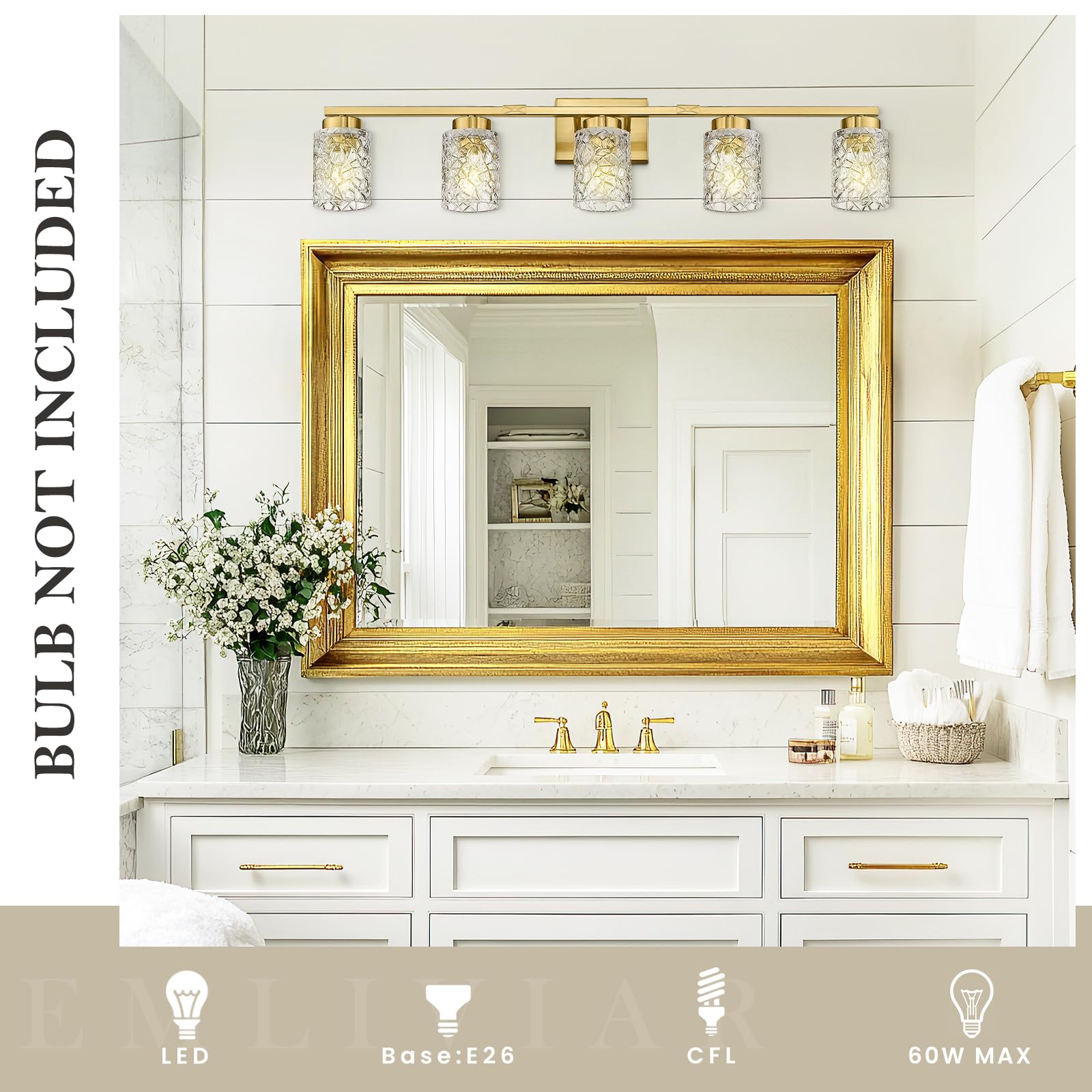 Emliviar 5-Light Brushed Gold Vanity Light With Clear Geometric Glass, 5 Bulb Wall Light Fixture Over Mirror 40 Inch, He294B-5W