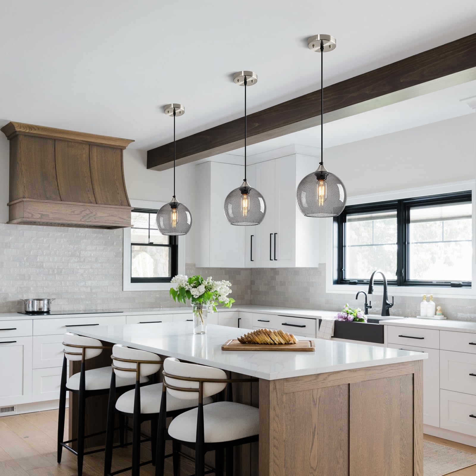 Lbsqj Light Grey Glass Pendant Lights Kitchen Island Lighting Globe Pendant Light Fixtures Modern Pendant Lighting For Bedroom Living Dining Room Light Fixture (7.87 In  3 Pack)
