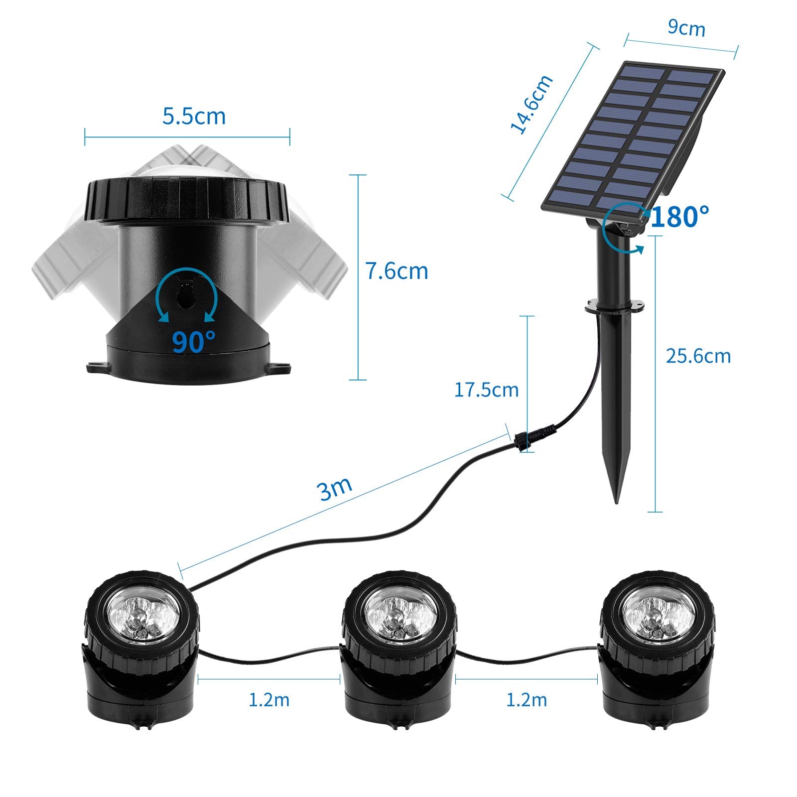 T-SUN RGB Color Changing Solar Pond Lights, 3-Head Waterproof LED Spotlights for Garden, Pool, and Fountain Decoration