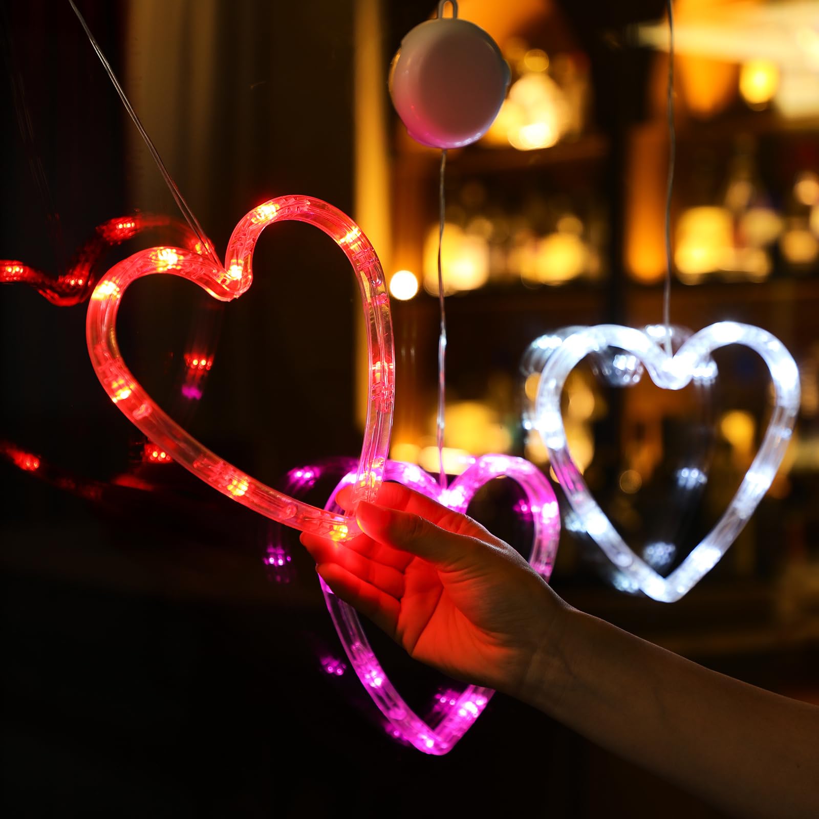 Baquler 5 Pcs Timed Heart LED Window Lights, Battery Operated, Red/Pink/White, Perfect for Valentine's Day, Wedding & Home Decor