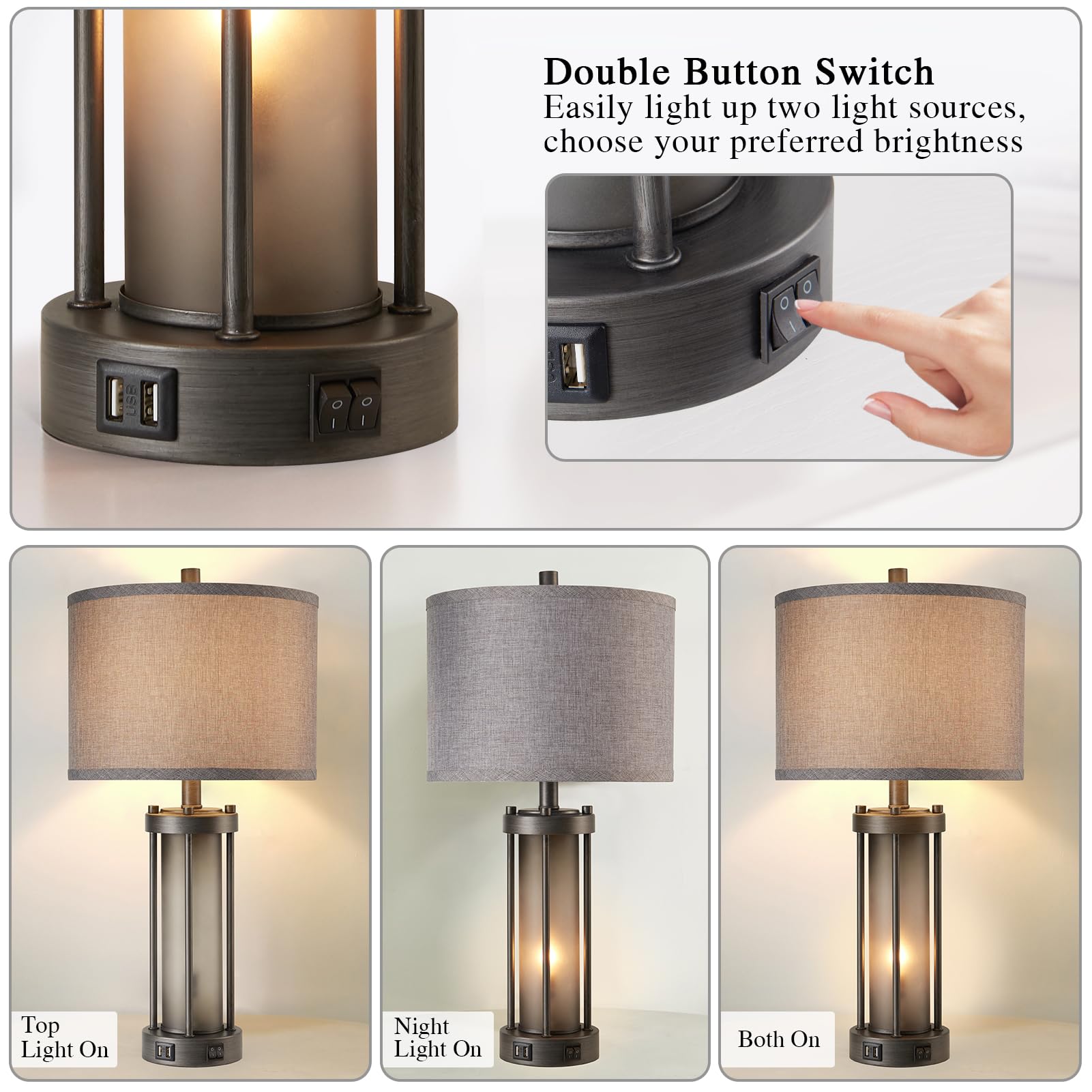 Set Of 2 Rustic Table Lamps For Living Room With 2 Usb Ports, Vintage Bedside Lamps With Gray Frosted Glass Night Light For Bedr