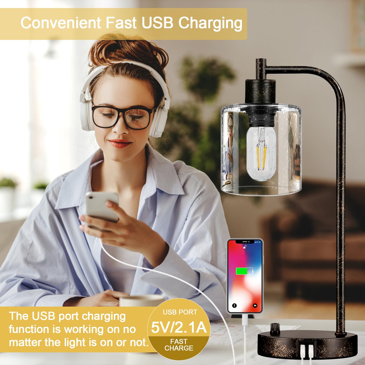 Lynnoland Set of 2 Industrial Table Lamps, Rustic Black & Seeded Glass, Fully Dimmable, 2 USB Ports, Includes 2 LED Bulbs, Model L200026G