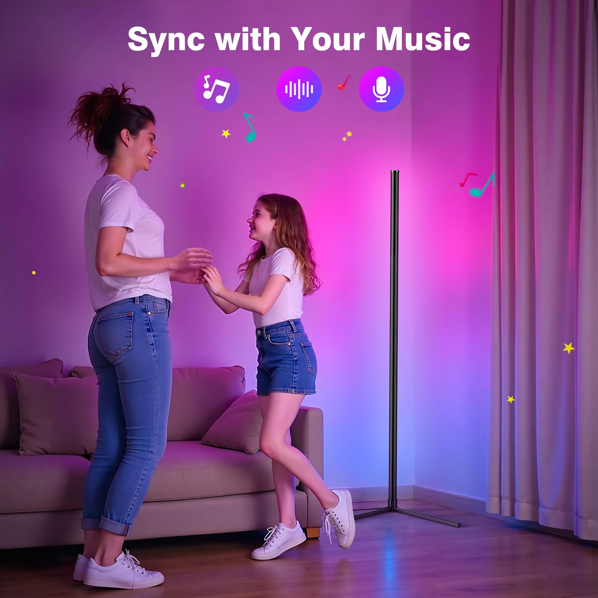 Corner Floor Lamp, Modern Led Corner Lamp With Ac Adapter & App & Remote Control, 16 Million Colors, 68+ Scene Modes, Music Sync