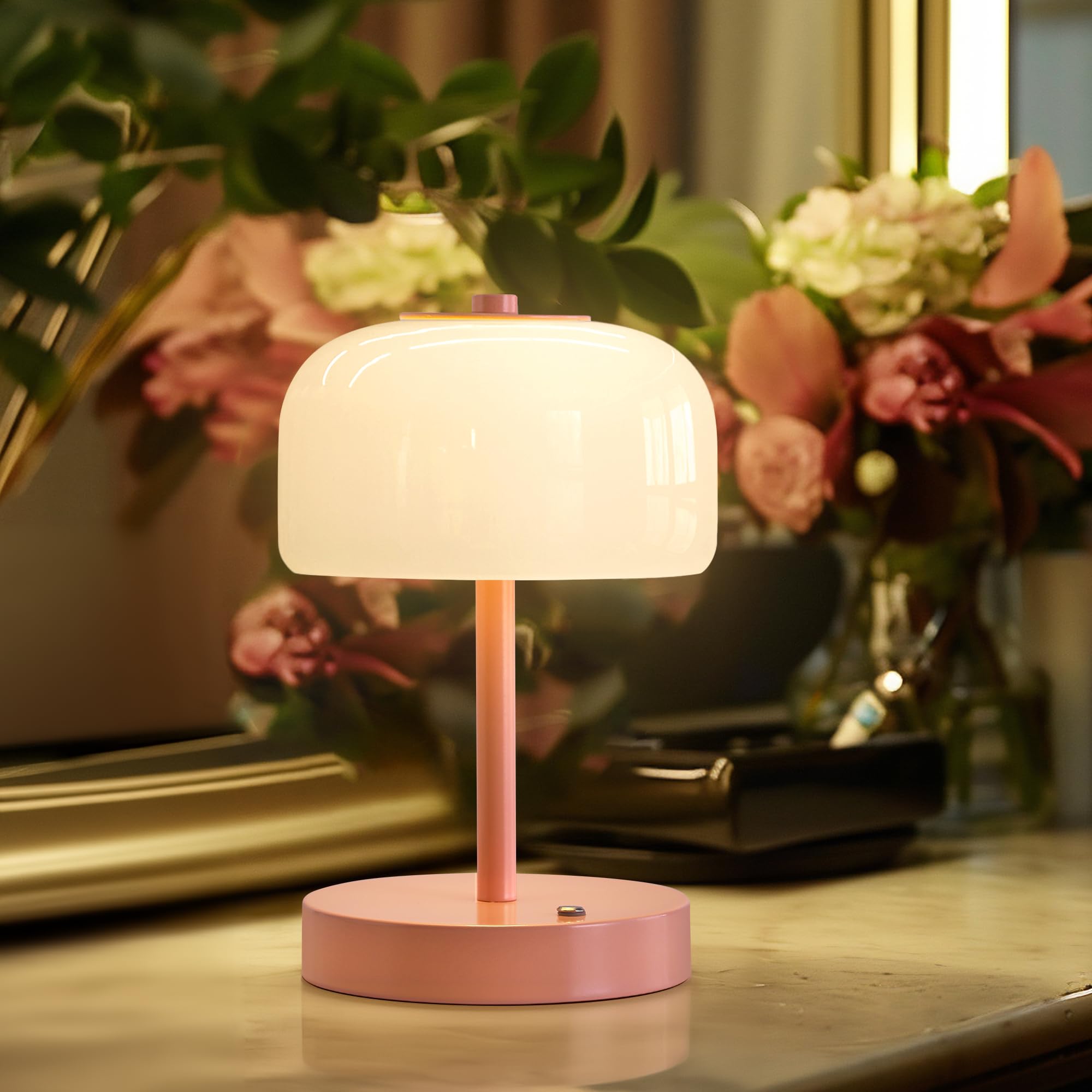 Oneach Cordless Table Lamp, Wood Grain Rechargeable, 3-Way Dimming, 9" Glass Bedside Light for Bedroom, Dining Table, Living Room Decor