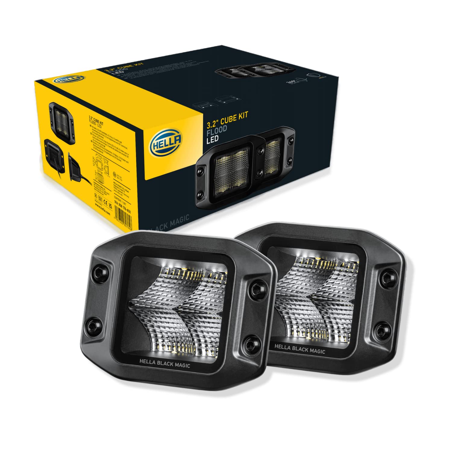 Hella Black Magic LED Series 3.2 Inch Cube Kit Flush Mount - LED Flood Light with Wiring Harness - Performance High Beam Off-Roa