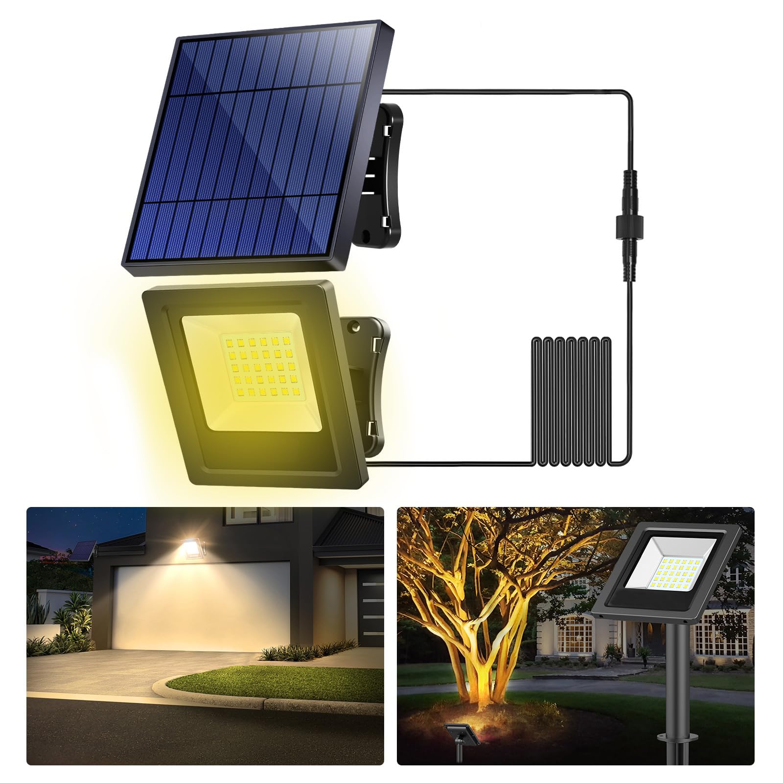 Solar Lights Outdoor Solar Flood Dusk to Dawn Lights 4400mAh 3000K Warm White Auto On/Off with 16.4Ft Cable IP65 Waterproof for 