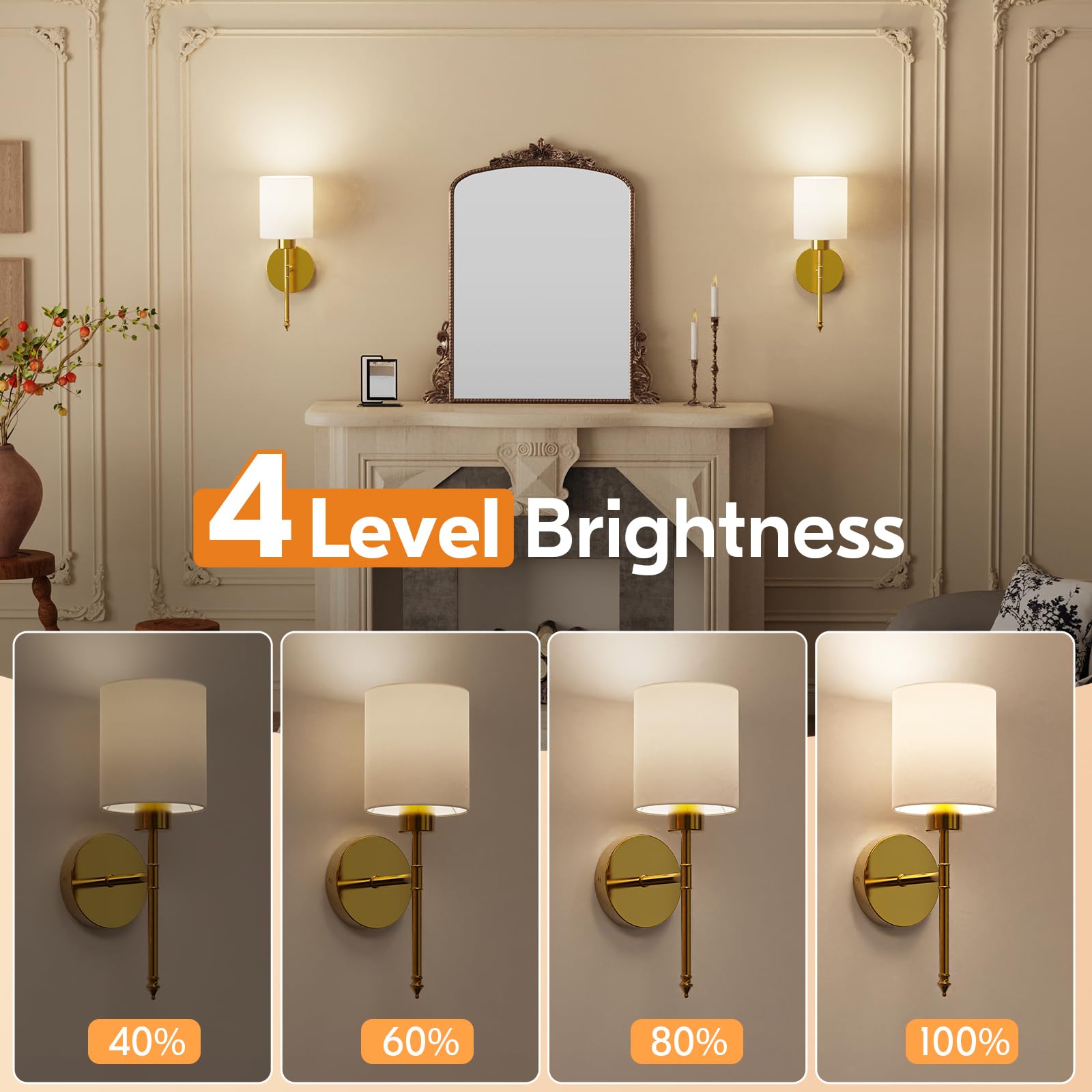 NIORSUN 15" Battery Operated Wall Sconce Set of 2, Gold, Wireless Rechargeable, Dimmable Bulbs, Remote, Model 16304LGTF