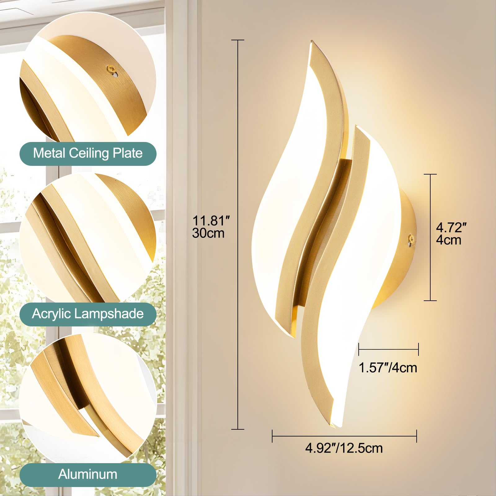 CANEOE Modern LED Wall Sconce, 6000K Cold White, Acrylic, Gold, 1 Pack, Model WL-YZ-C, Ideal for Living Room, Bedroom, Bathroom, Hallway