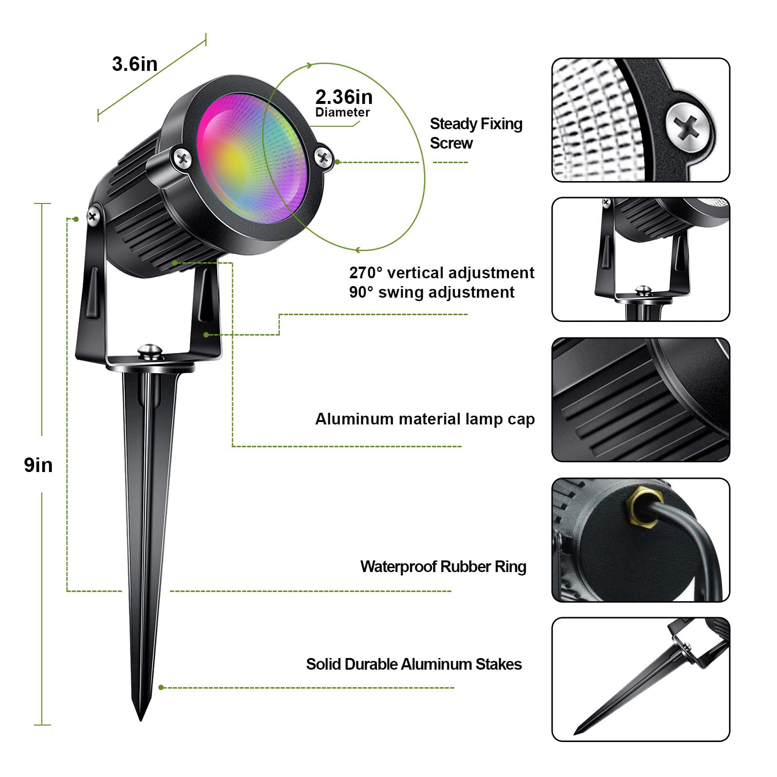 ALEDECO RGB+W Low Voltage Landscape Lights, 5W LED Spotlights, 16 Color Options, Waterproof, 8 Pack, Multicolor