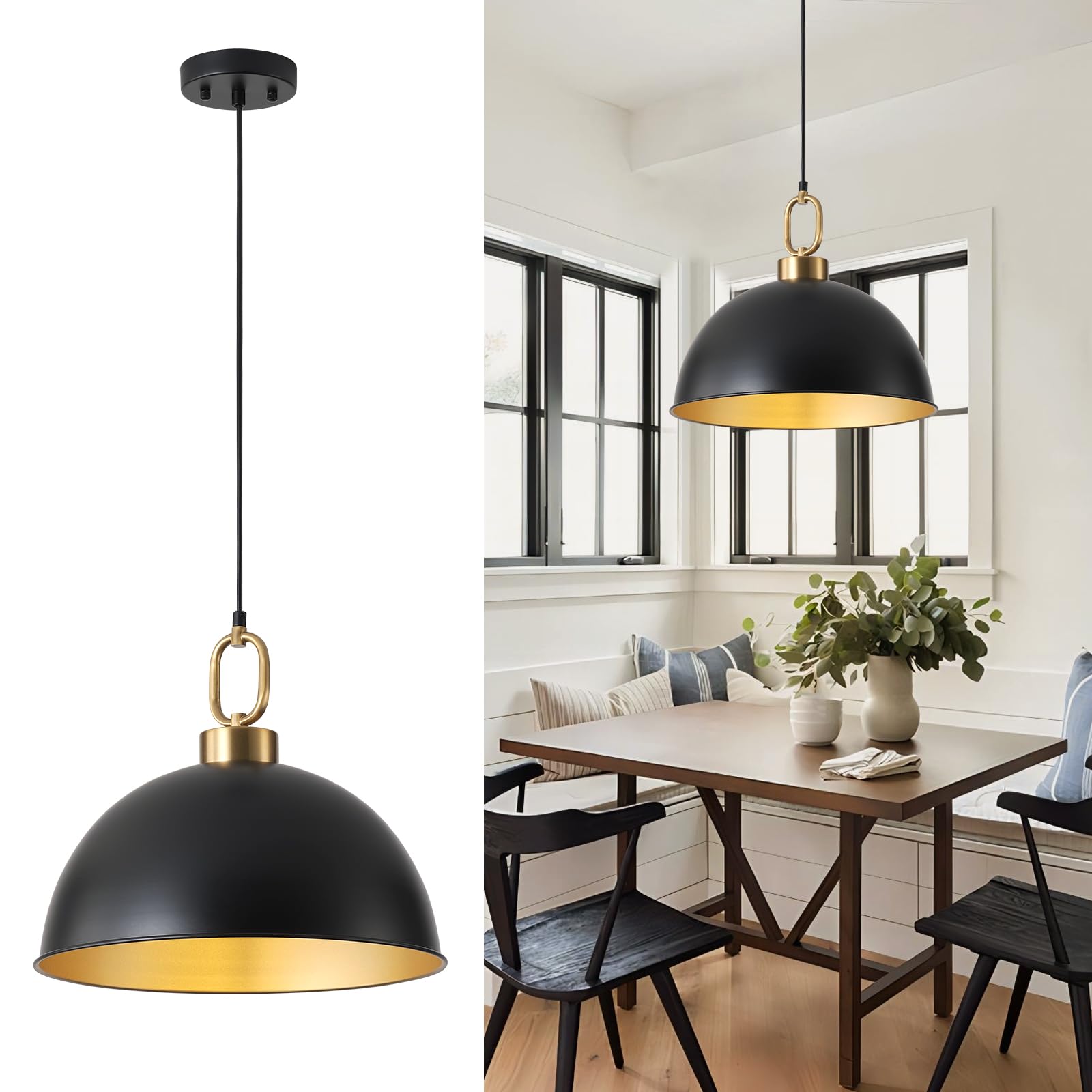 Farmhouse Pendant Light Fixture 1 Pack  Space Saving Industrial 16.1 Inch Hanging Light  Matte Black with Gold Handle  Adjustable Height  Vintage Shade  Brightness  Kitchen  Dining  Living Room