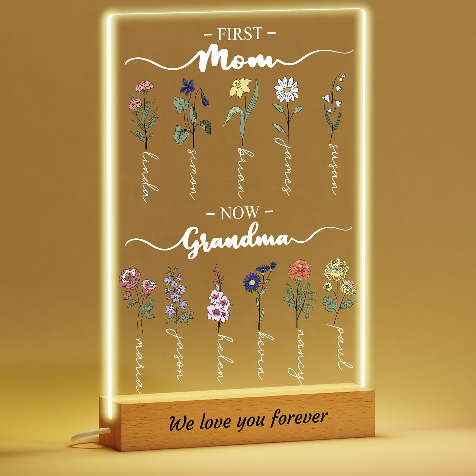 Voryusmer Mothers Day Gifts for Grandma Mom - Customized Birth Month Flower with Names - Engraved Mothers Garden Night Light - P