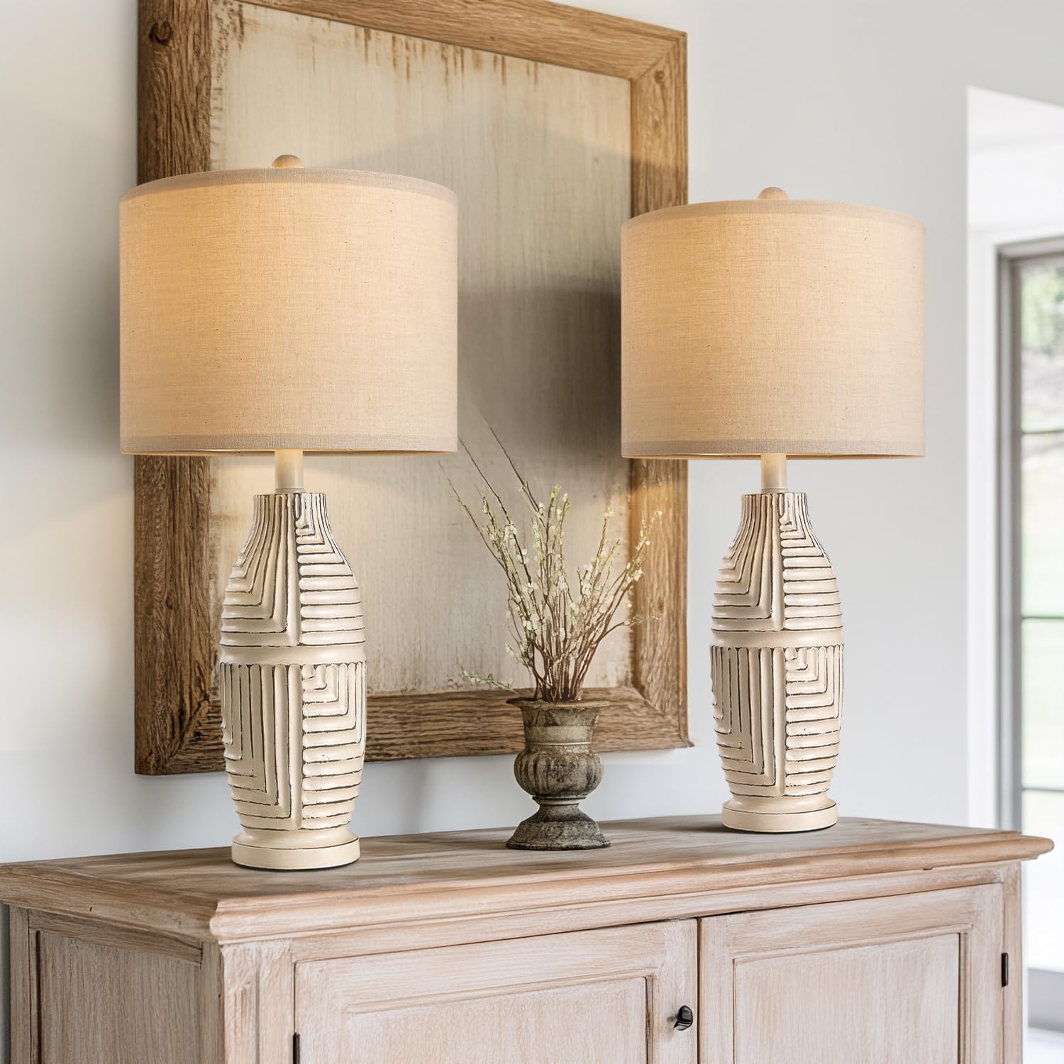 Bobomomo 25'' Farmhouse Table Lamp Set Of 2 Vintage Rustic Lamps For Living Room, Resin Bedside Nightstand Lamps With Linen Lamp