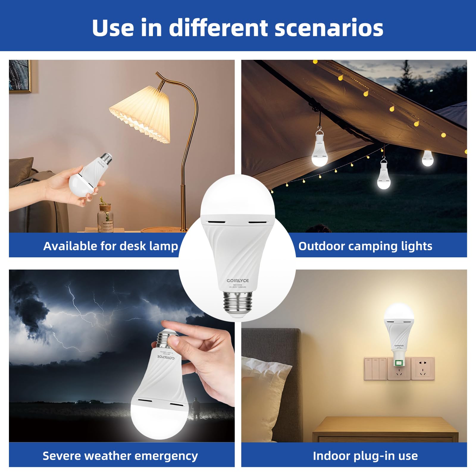 Rechargeable Emergency Light Bulbs, 6 Pack Battery Powered LED Light Bulb with 9W Daylight E27 6500K 1500mAh, Equivalent Self-Ch