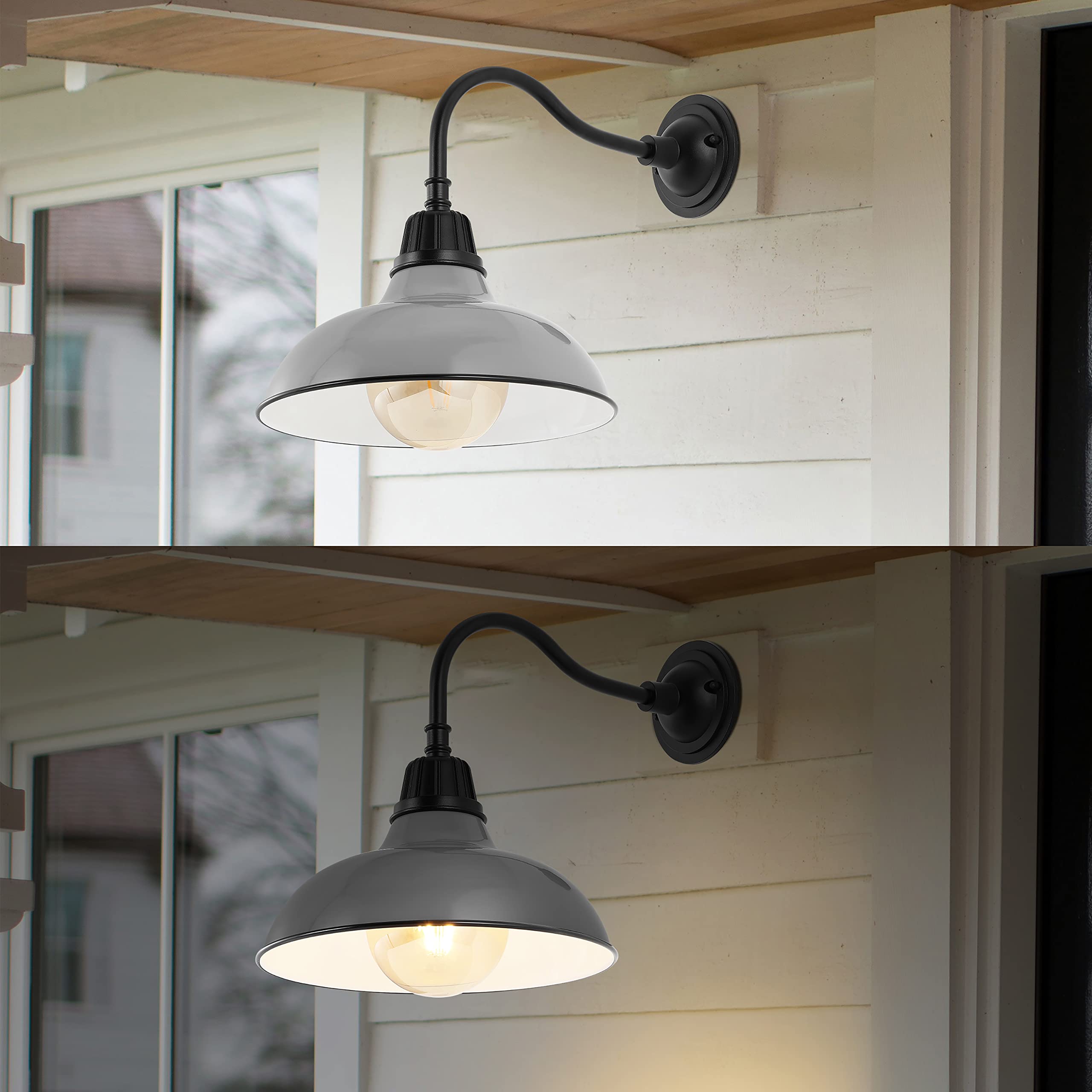 JONATHAN Y Gooseneck Arm Outdoor Sconce 12.25in Metal Bowl Shade Gray/Black Model JYL7613D Vintage Rustic Barn Lighting