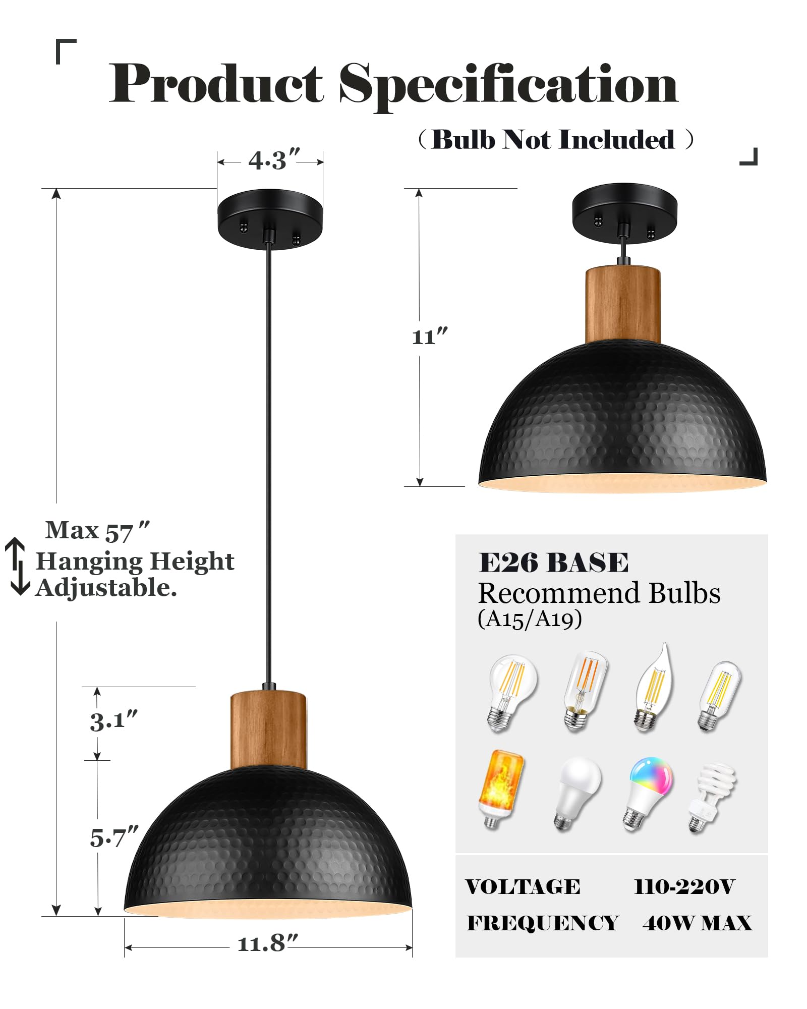 Elyona Industrial Pendant Light - Black Rubber Wood & Hammered Metal Shade For Kitchen & Dining
