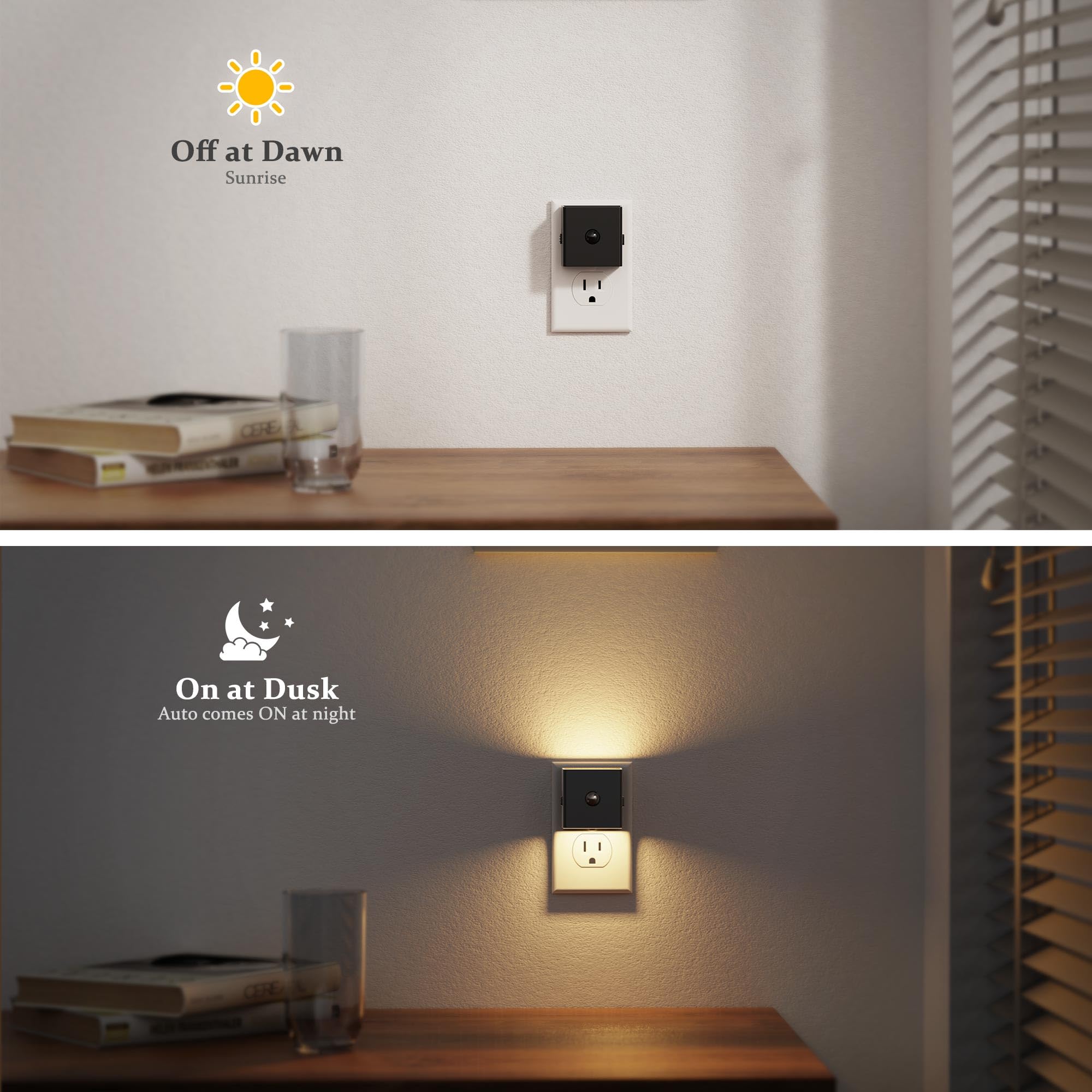 JandCase Motion Sensor Night Light, 3000K Warm White, Plug-in, Adjustable Brightness, 2 Pack, Black-Square