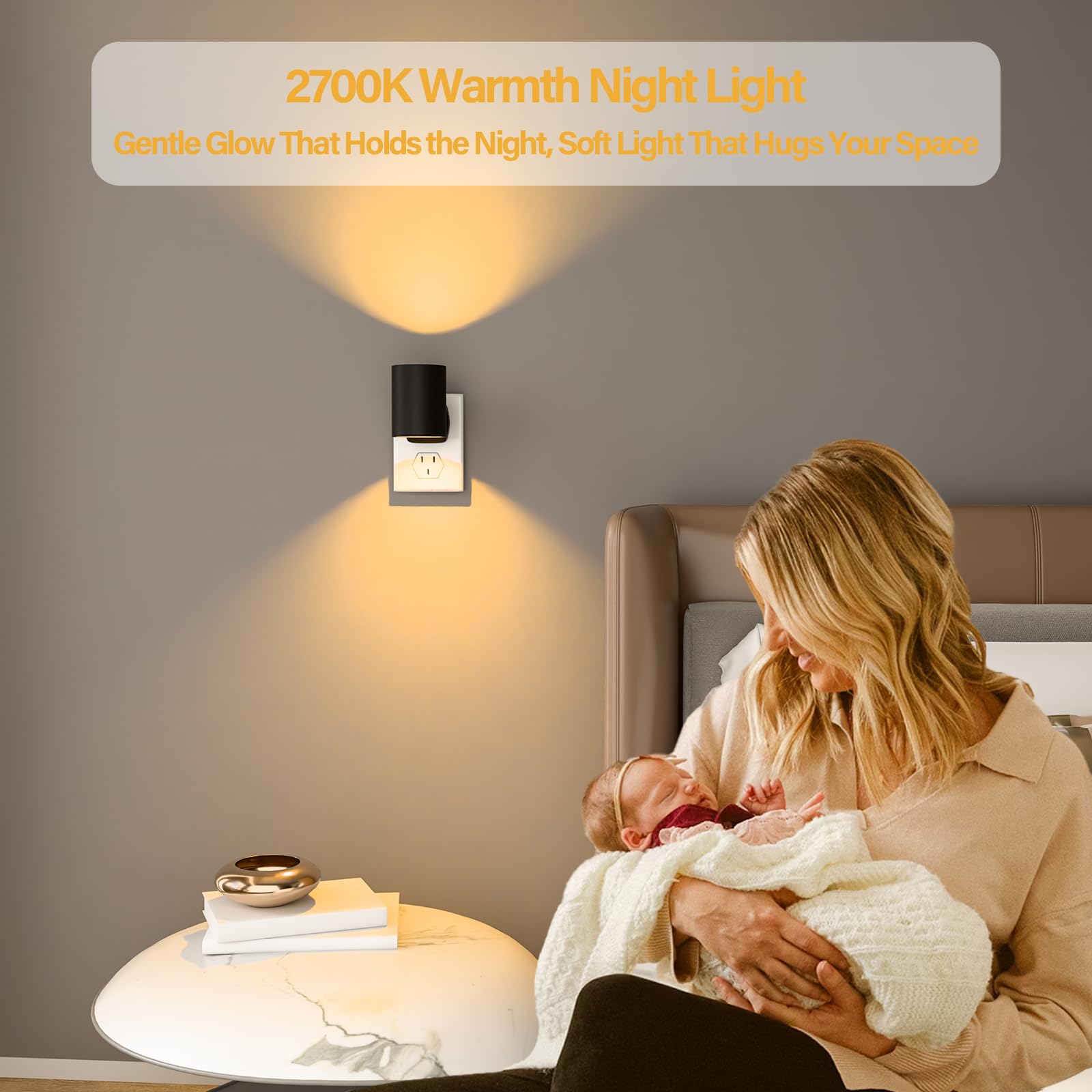 NOVELUX LED Night Light Plug-in, Dimmable, Soft Warm 2700K, Adjustable Brightness, 2 Pack, Plastic, Warm-spotlight