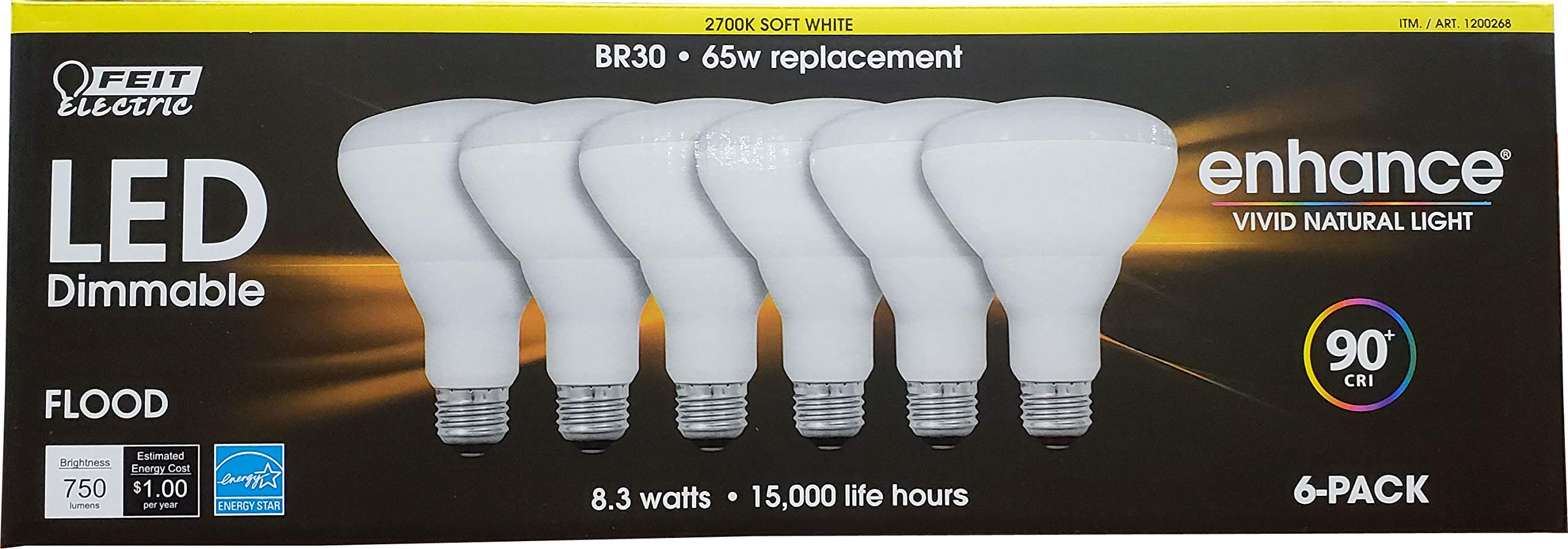 Feit Electric Dimmable LED BR30 Flood Light Bulbs, 65W, Soft White, 6 Count, Plastic, Model 1200268