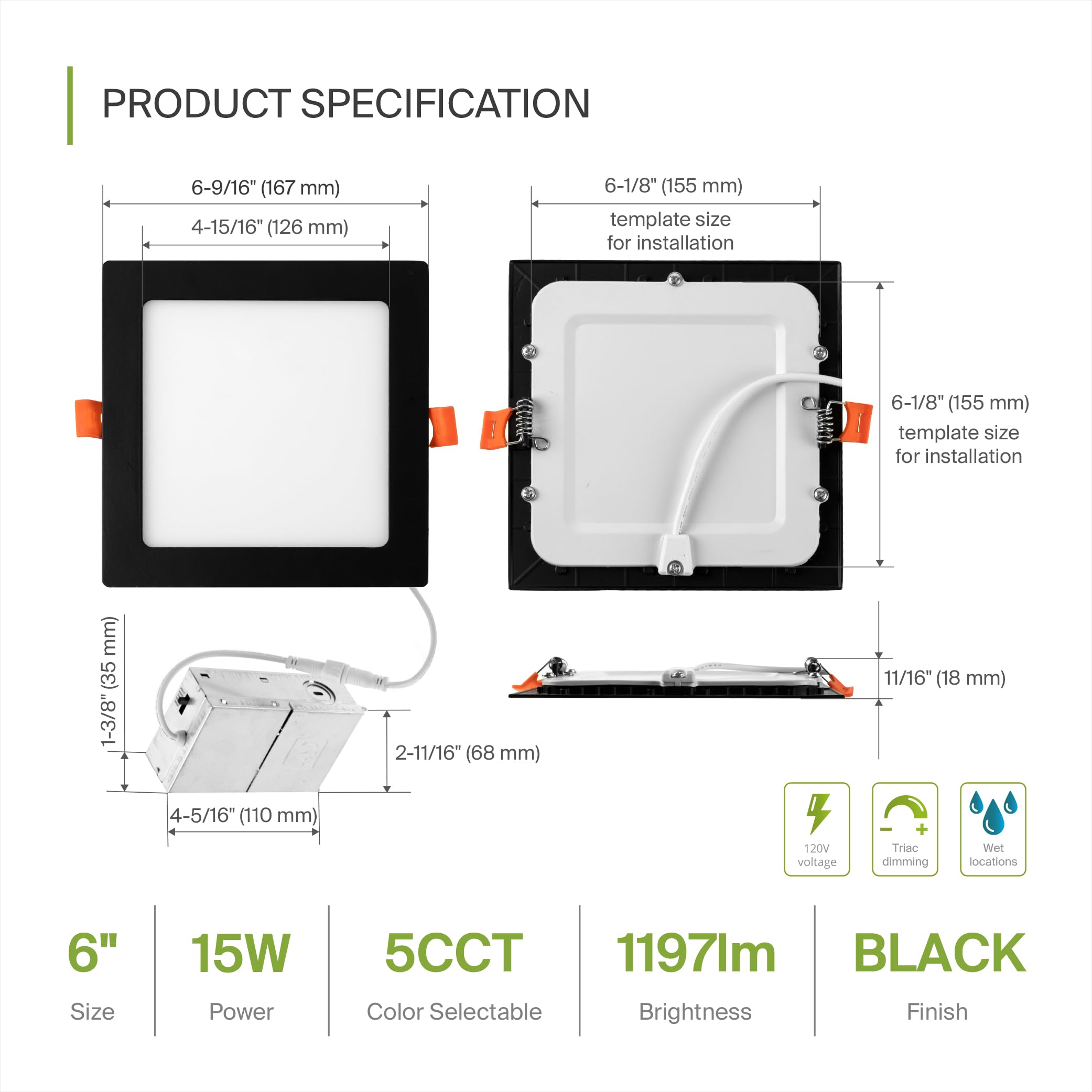 ASD LED Square Recessed Lighting - Ultra Thin Dimmable Ceiling Lights, 6 Inch, Black, Model A-JBS-6D15AC-BK, 12 Pack