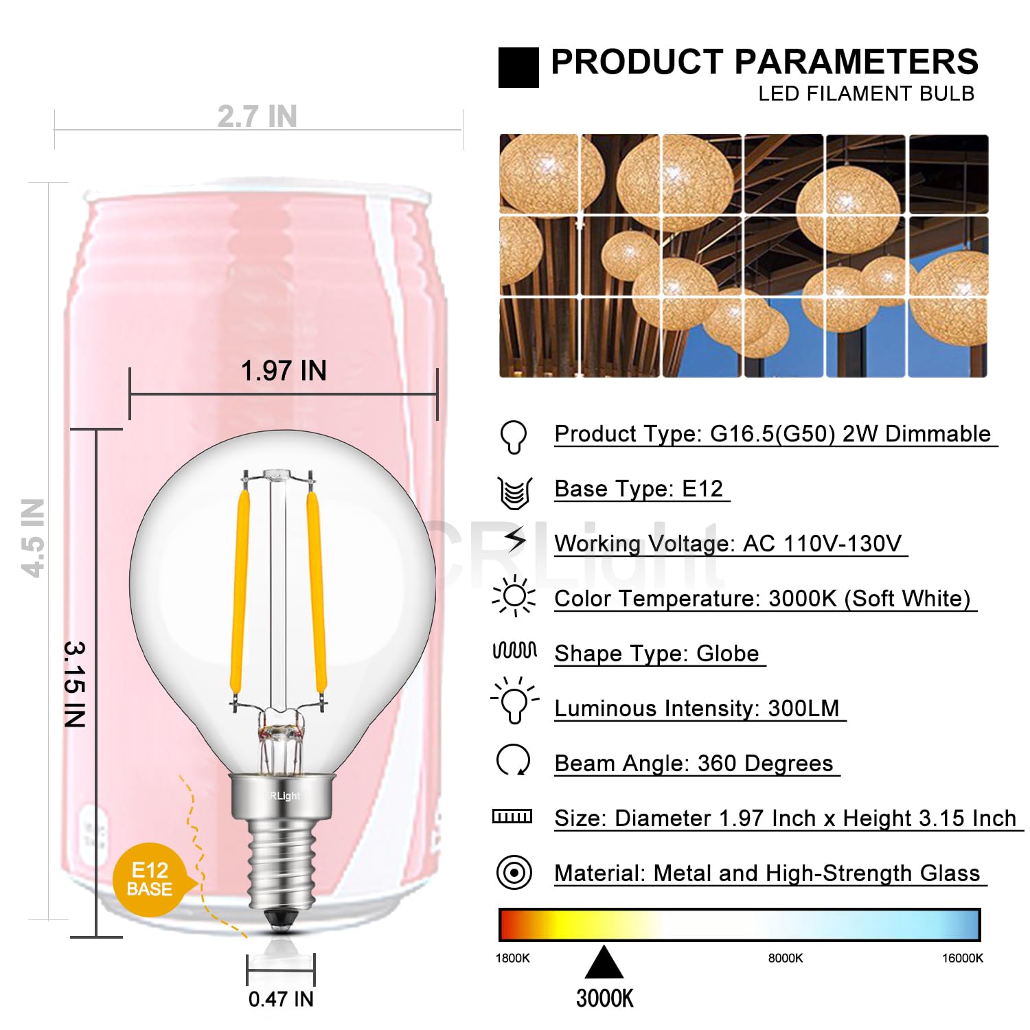 Crlight 2W Dimmable G16 Led Bulb 30W Equivalent Soft White, 8 Pack Vintage Edison Filament