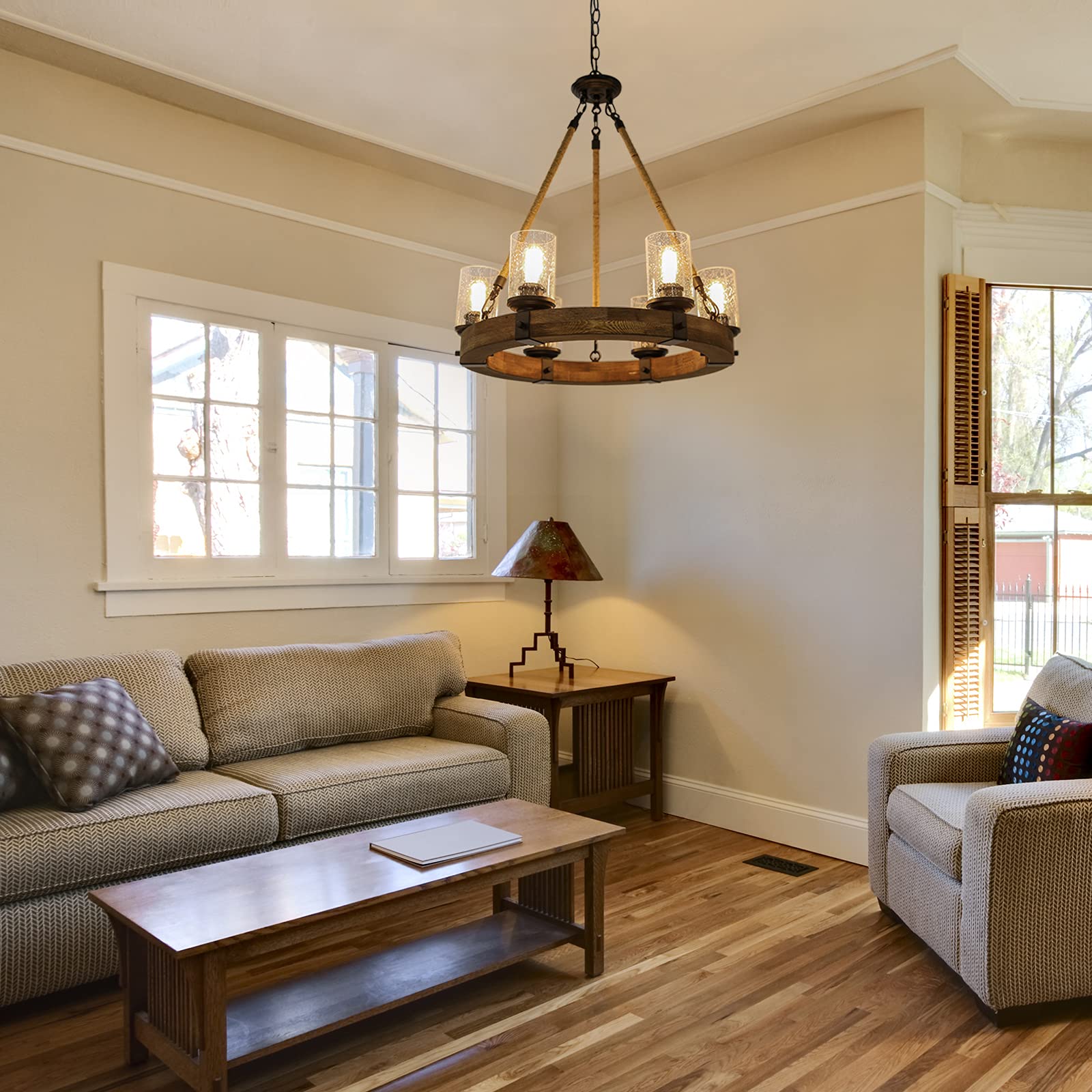 LALUZ Farmhouse Wagon Wheel Chandelier, 6-Light Wood Lighting, 25" Brown Seeded Glass Shade for Dining Room, Kitchen, Living Room