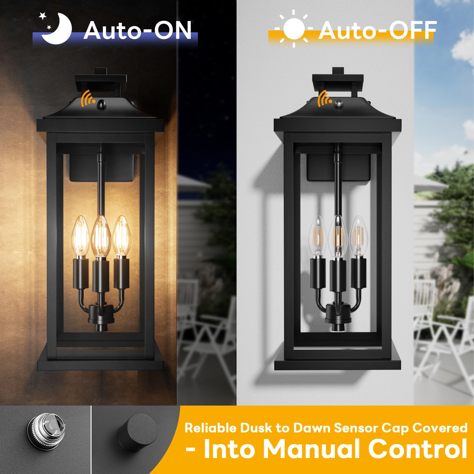 VenzBlomia 20" Dusk to Dawn Outdoor Wall Lights, 3-Light Black Metal Sconce, Waterproof, 2-Pack, Photocell Sensor, Model VZN-20BD-