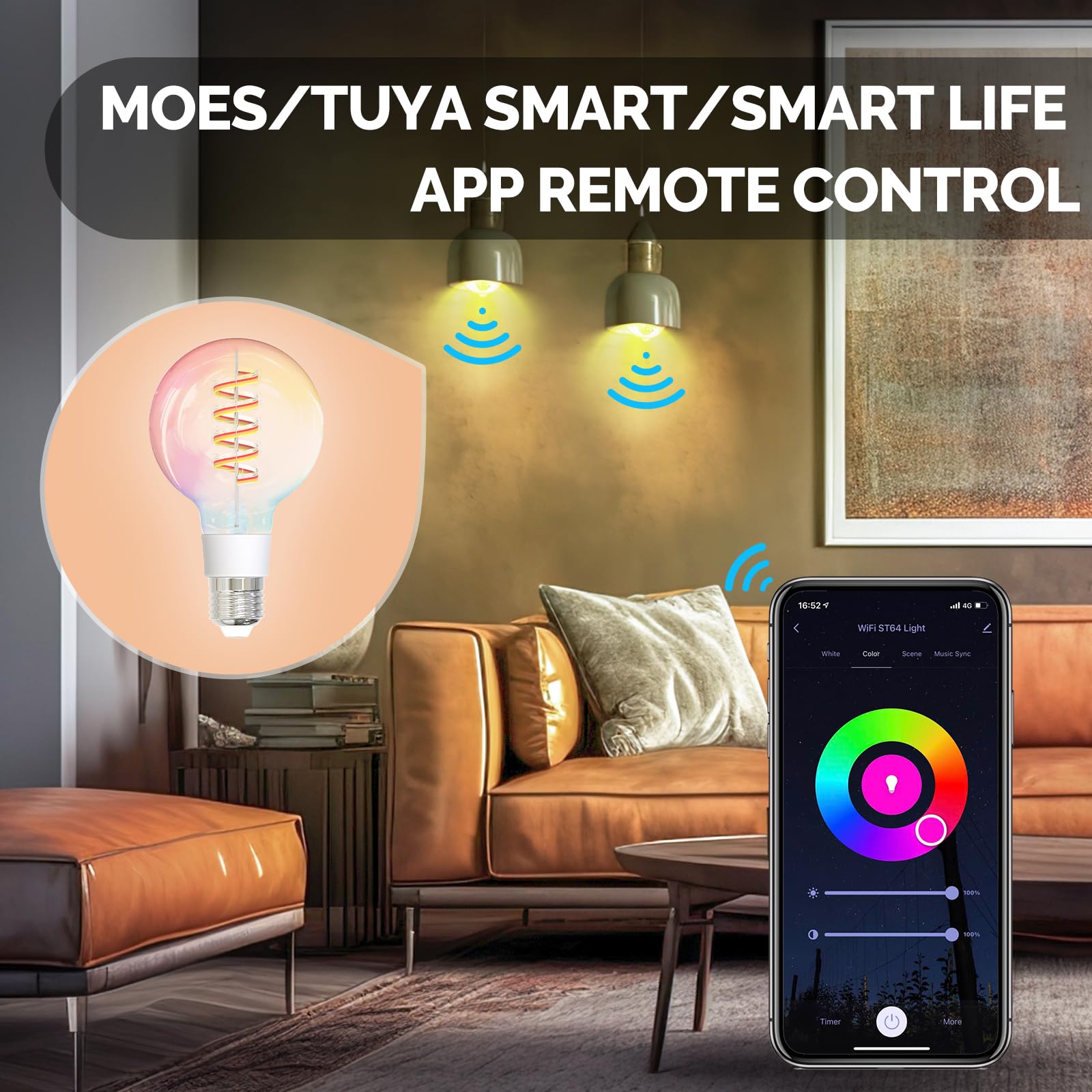 Moes Smart G80 Edison Led Light Bulbs, Color Changing Wifi G25 Smart Bulbs, 2700K-6500K Cw& Rgb Dimmable, Smart Life Remote Cont