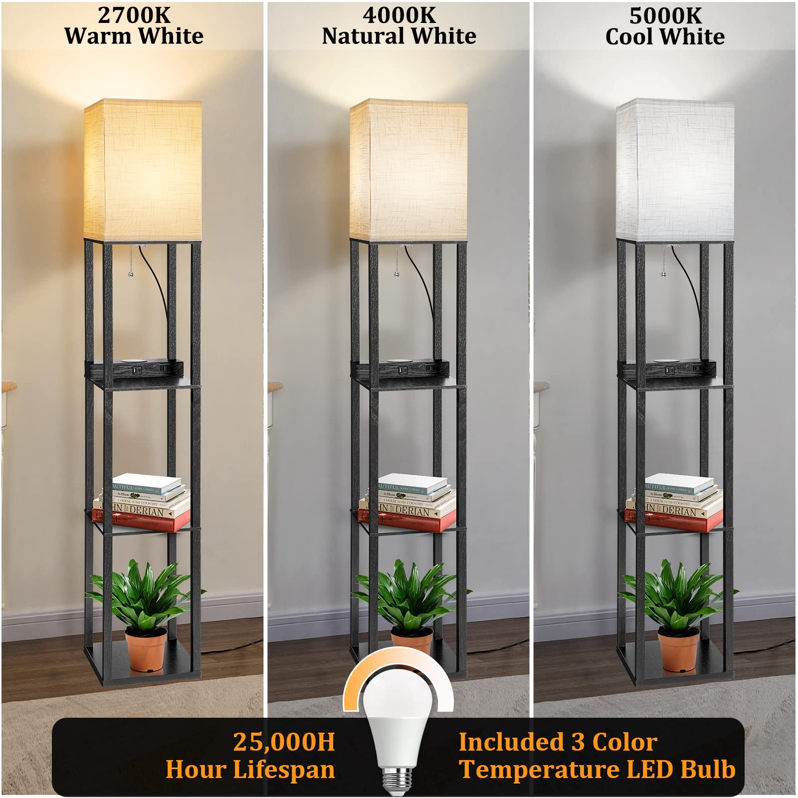 Dott Arts Floor Lamp with Shelves, Wireless Charger, USB Ports, 2 AC Outlets, 10.2in Wide, Black, Model WLM1600-FLA-8W-