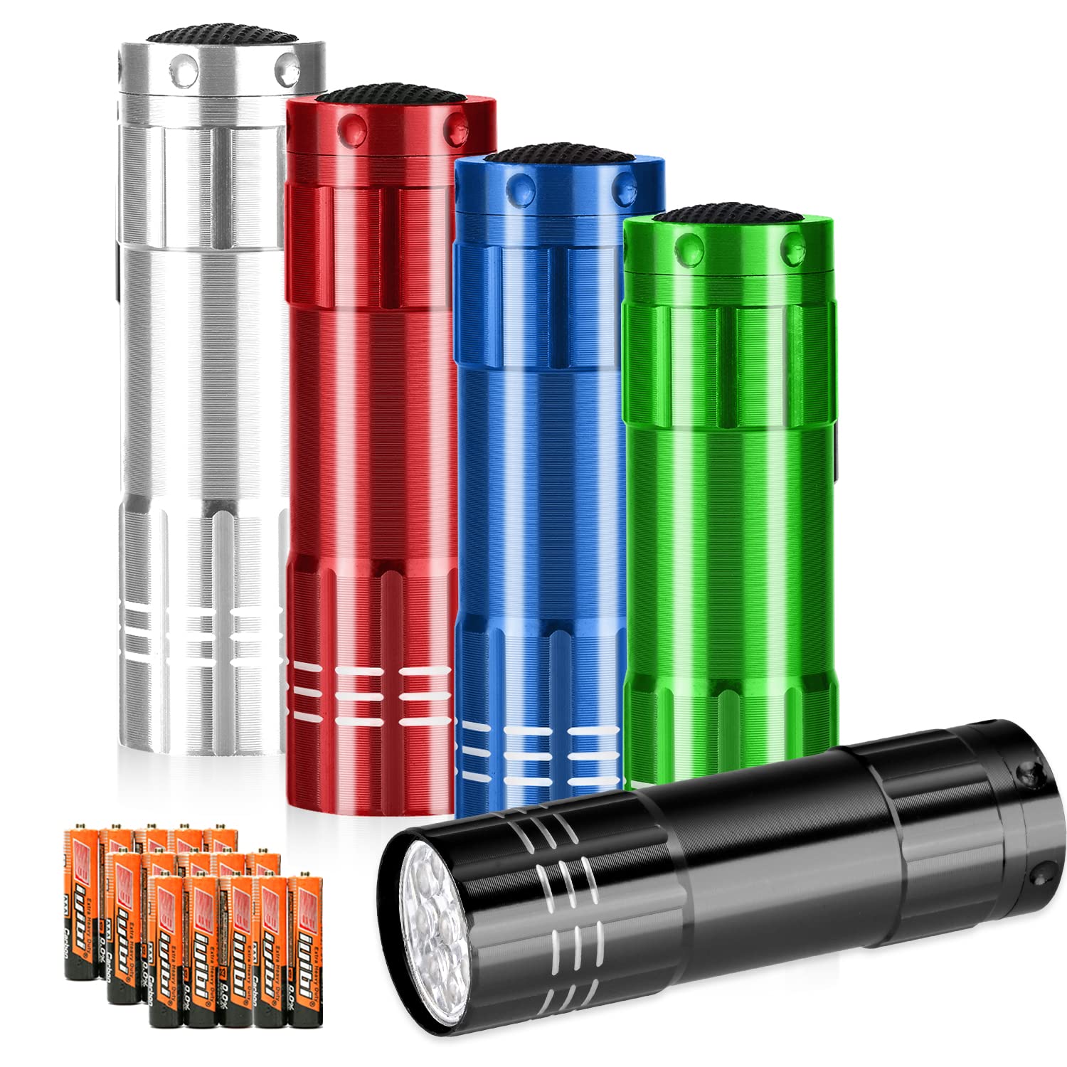 Yikosam 5 Pack Mini Aluminum Flashlights - 9 Led, Handheld, Lanyard, 15 Aaa Batteries Included