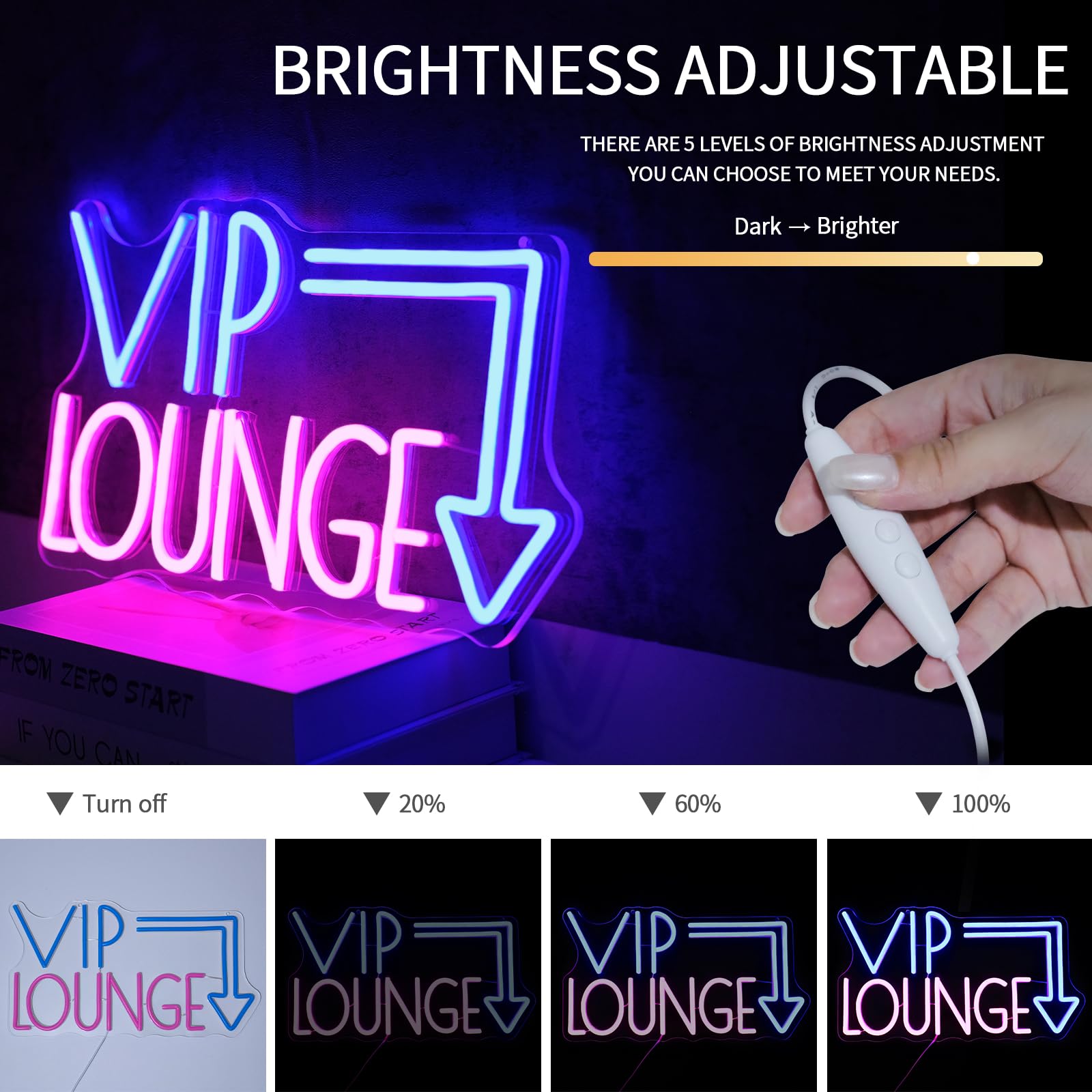 Virlusy Neon Sign for Wall Decor, Dimmable LED Light, Medium, Acrylic, Pink Blue, Model YL-Vip Lounge