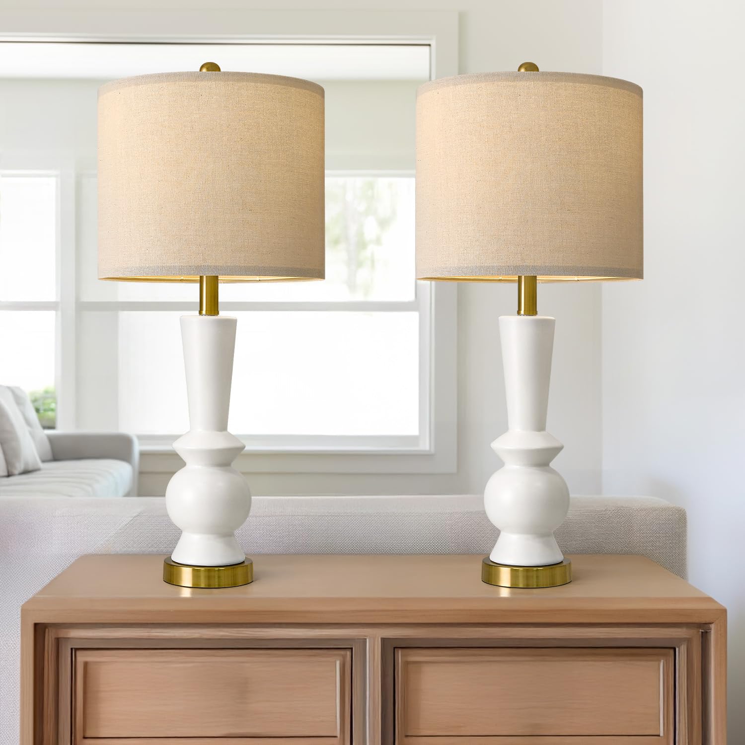 Portres 27'' Modern Ceramic Table Lamp Set Of 2 For Living Room White & Gold Bedside Lamps For Bedroom Nightstand Lamp Tall End