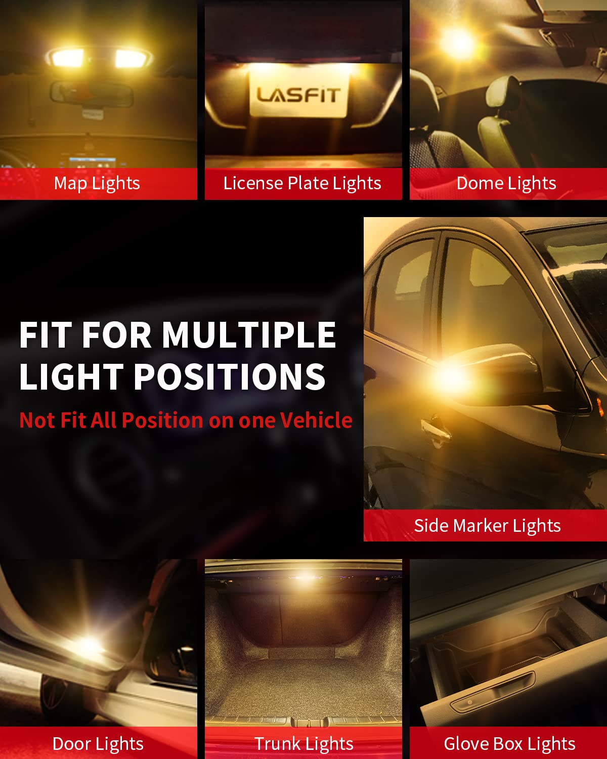 LASFIT LED Bulb T10 194 2825 W5W, Amber Yellow, Non-Polarity, 400LM, Pack of 2