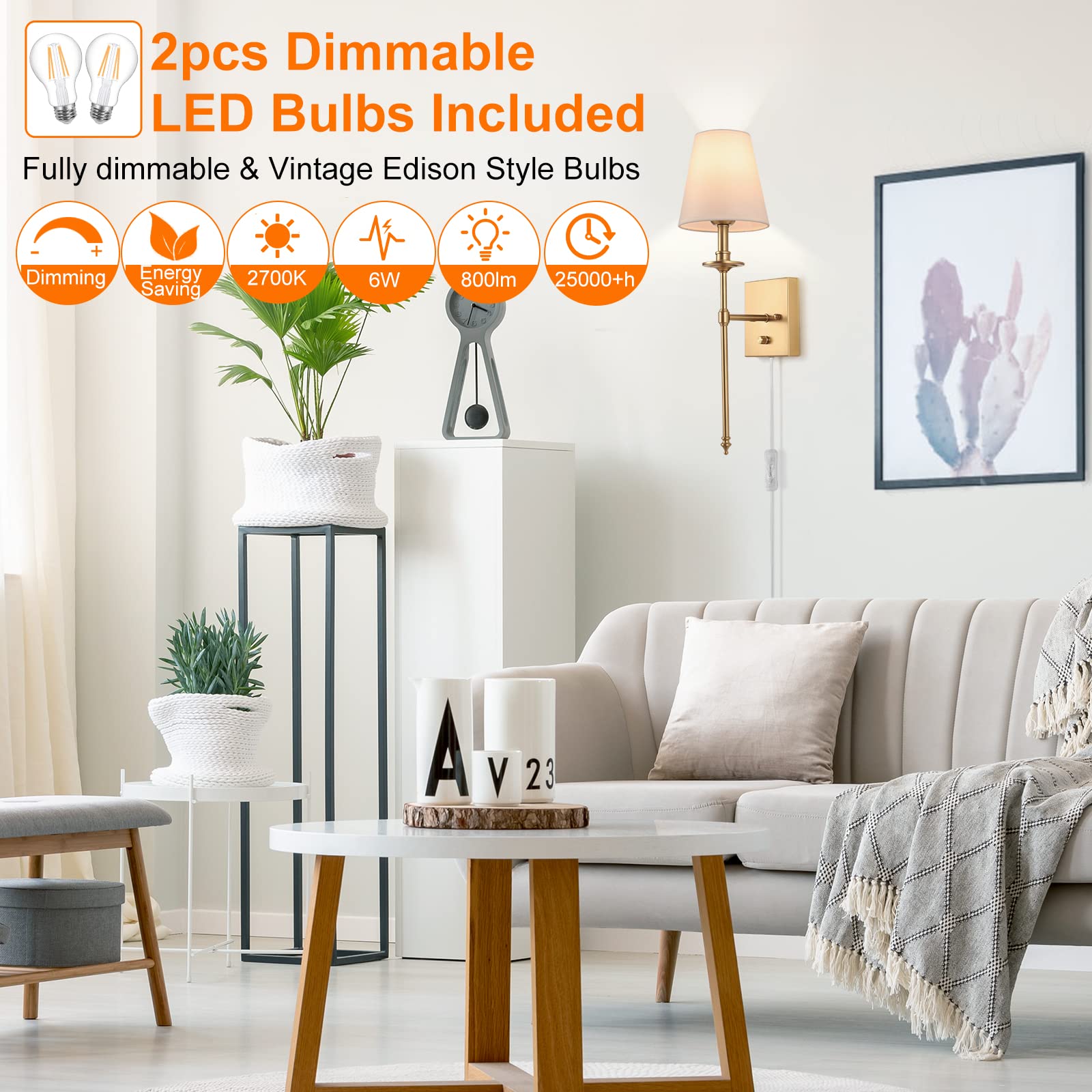 ENCOMLI Dimmable Wall Sconces Set of Two, Antique Brass, Plug-in, White Fabric Shade, LED Bulbs Included