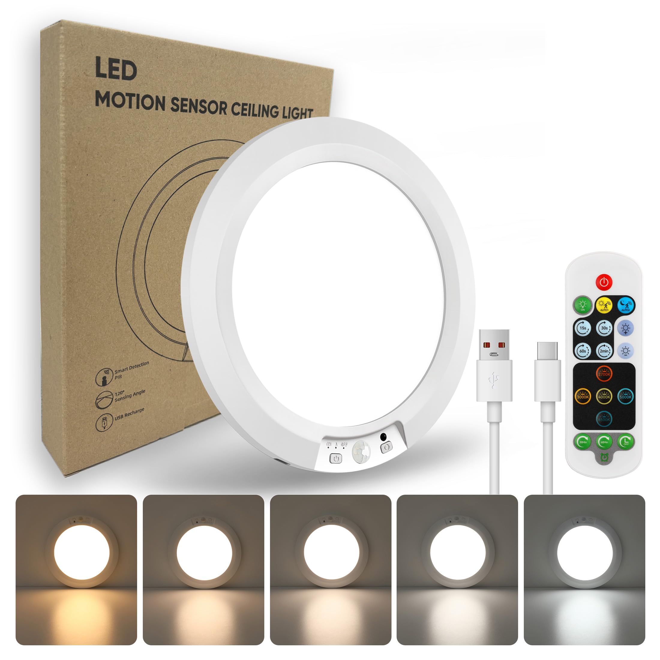 APCENS Wireless Motion Sensor Ceiling Light, 7.5 Ultra-Thin 8000mAh Rechargeable, 450 LM, 5 Color Temps, Dimmable with Timer & R