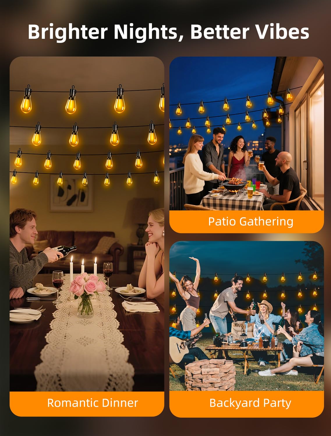 Vozuji Outdoor Patio String Lights: S14 Shatterproof Bulb Outside Waterproof Light - 150Ft 45M Remote Dimmable Connectable Hanging Outdoor Electric Lighting - Garden Backyard Yard Gazebo Porch Party