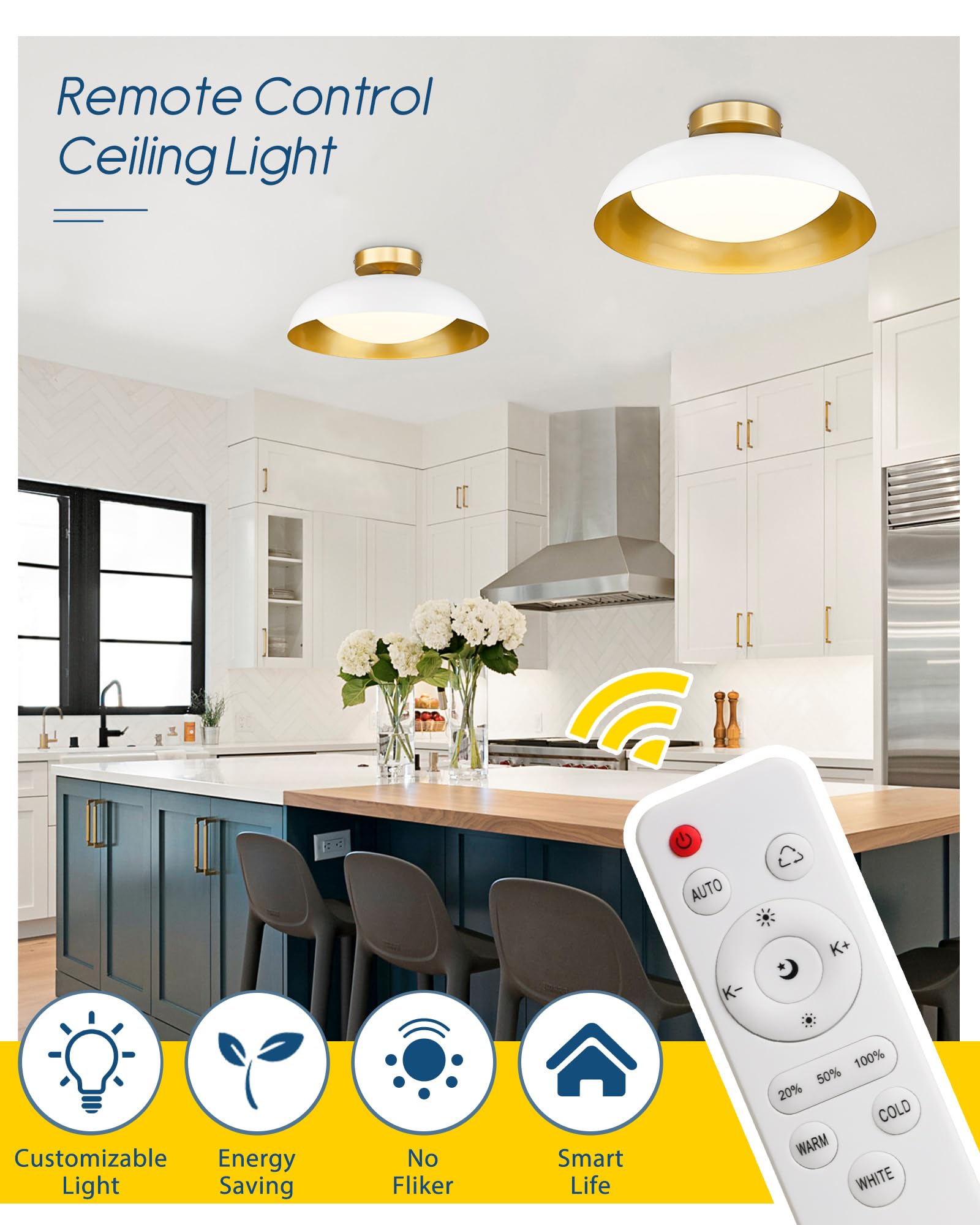 Kudos Ceiling Light Fixture,16-Inch Dimmable Led Flush Mount Ceiling Light With Remote Control, 24W/1300Lm Ceiling Lamp For Living Room, Kitchen,3000K-6000K Adjustable,Kdcl02-Wt-Rm