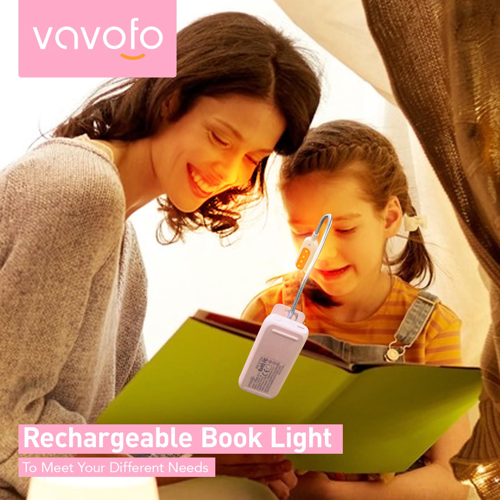 VAVOFO Rechargeable Book Light, Amber 1600K, 7 LEDs, Clip On, 1-Pack, Pink, Model KM-6720A