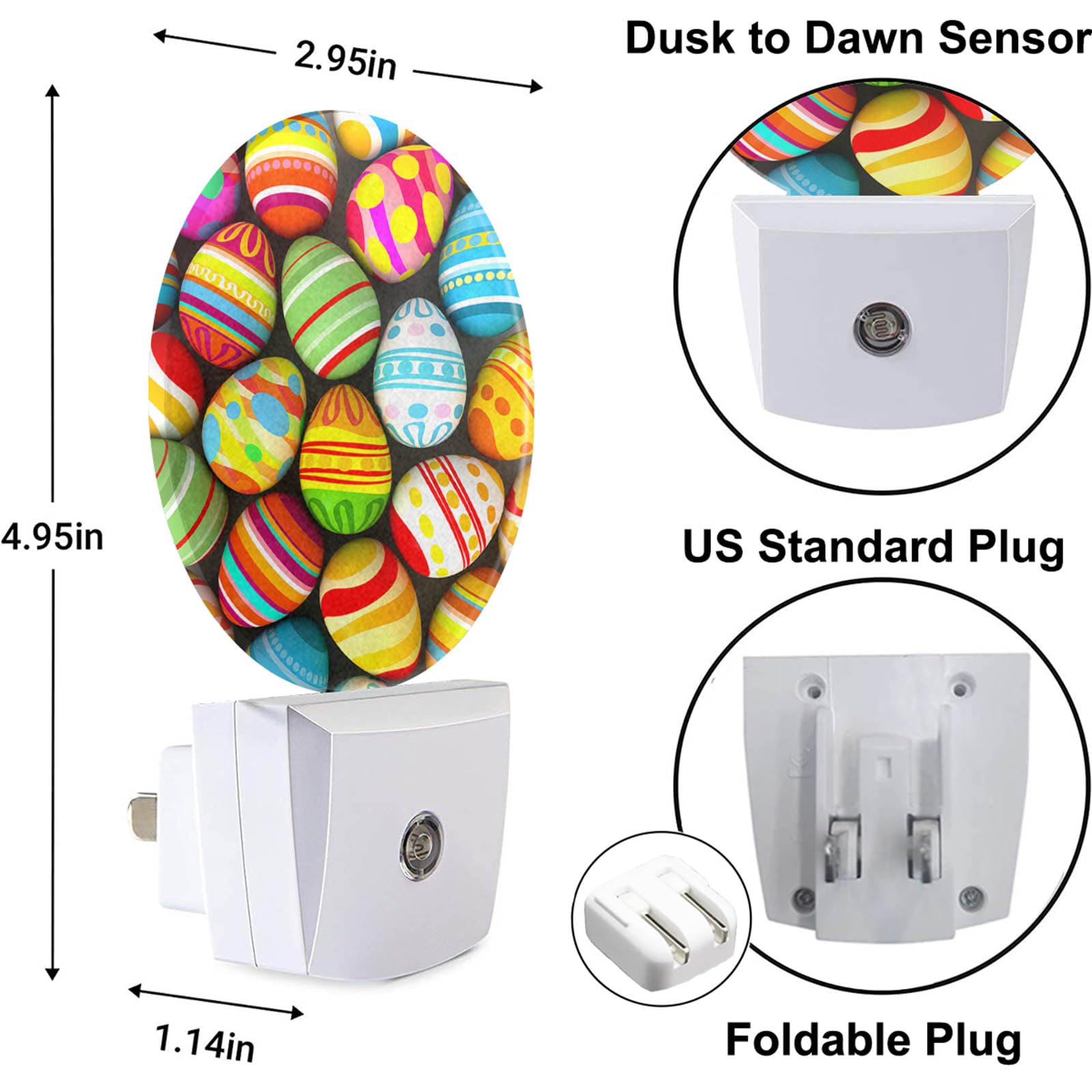 Uanvaha Happy Easter Night Lamp Colorful Eggs Plug In Night Lights Auto Led Lamp Energy Saving Round Lights For Boys Girls Men W