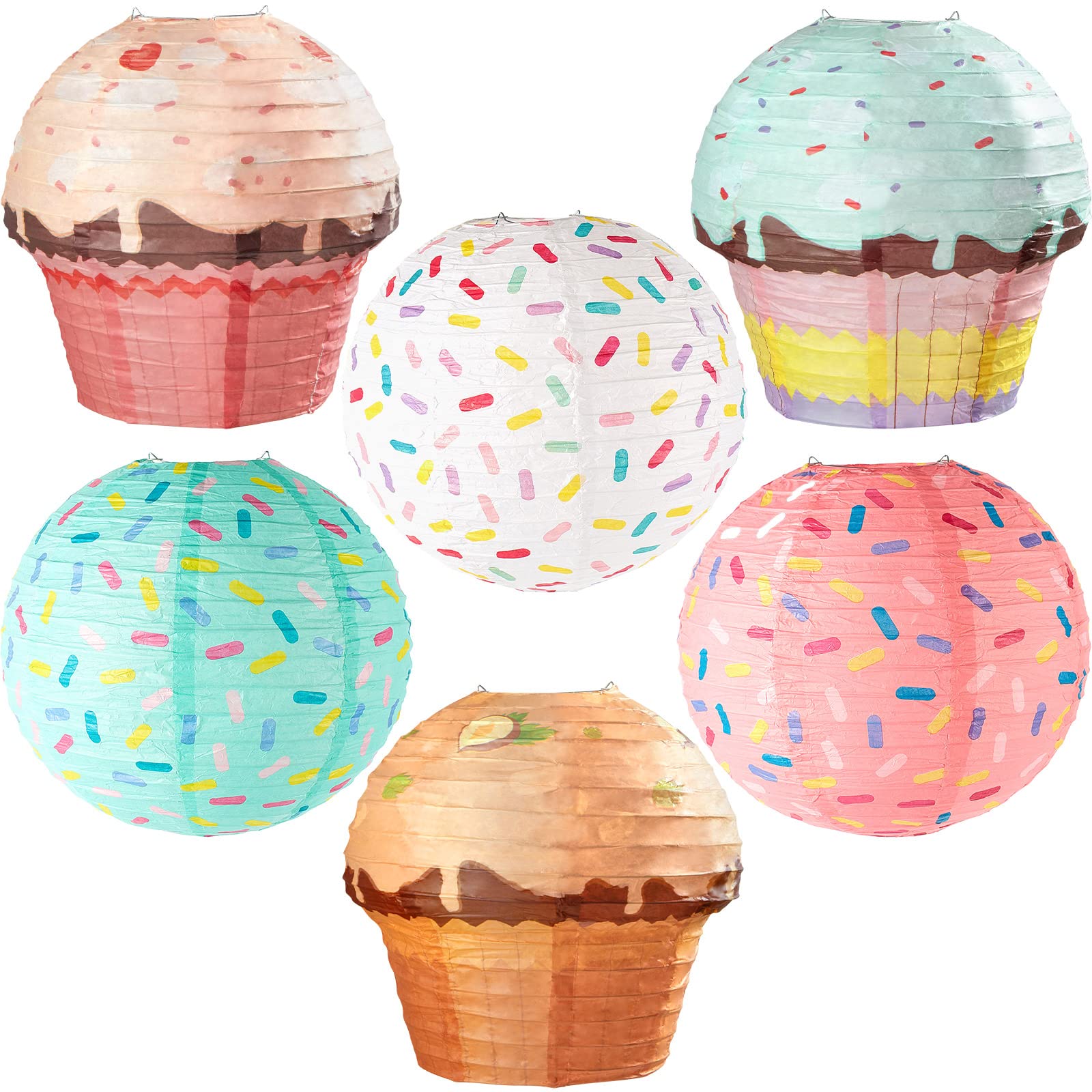 Hortsun 6 Pcs Donut Party Hanging Paper Lanterns Sprinkle Party Cupcake Hanging Paper Lanterns Sprinkle Decorations for Birthday