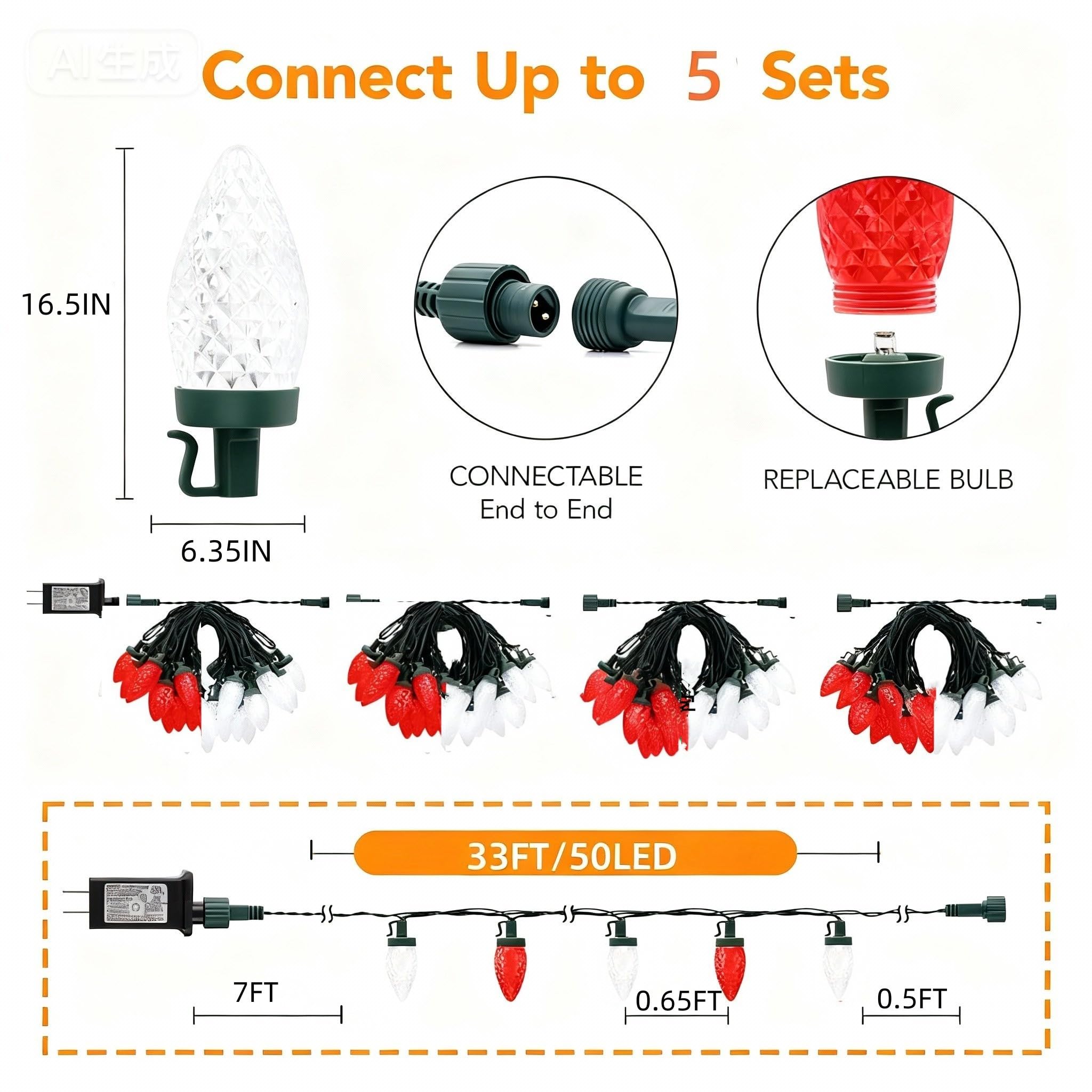 Ucutely C9 Led Christmas Lights Outdoor 33 Feet 50 Led 8 Lighting Modes Waterproof Connectable Christmas String Lights For Outside Roofline Patio Home Xmas Decorations (Red & White)