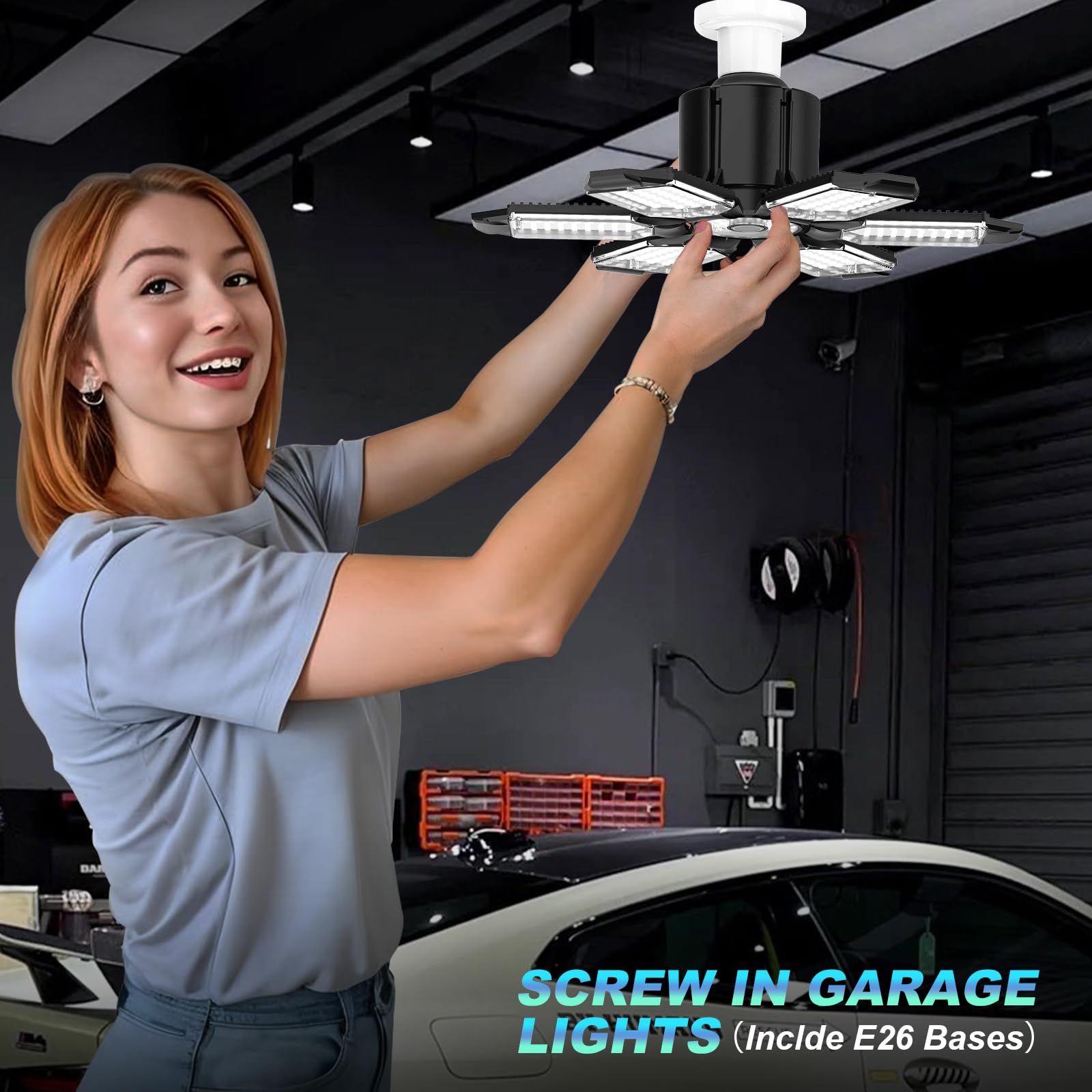 Lucorusc Led Garage Lights 8 Pack 200W Super Bright Ceiling Led Shop Lights, E26/E27 Base, 6500K, 22000Lm Deformable Garage Ligh