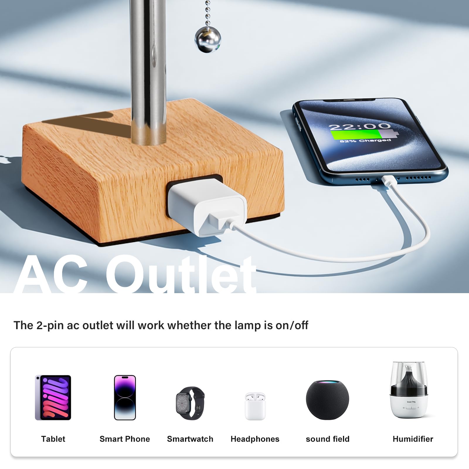 Fenmzee Table Lamp For Bedroom Set Of 2 Nightstand - 3 Color Bedside Lamps With Ac Outlets For Charging, Square Wooden Night Sta