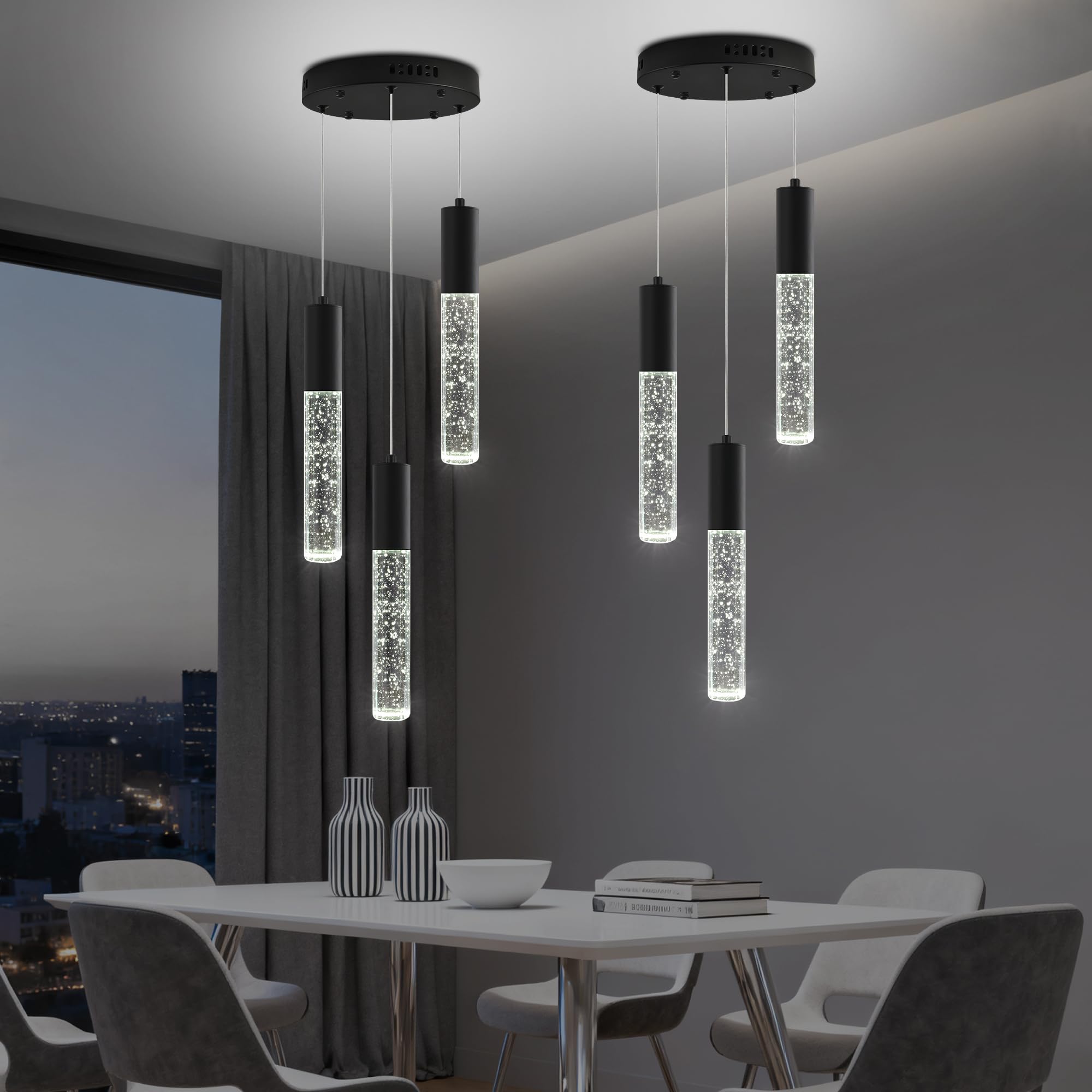 Upfelw Modern Crystal Chandelier for Kitchen Island 3-Lights, Elegant Black LED Bubble Pendant Lighting Fixture for Dining Room 