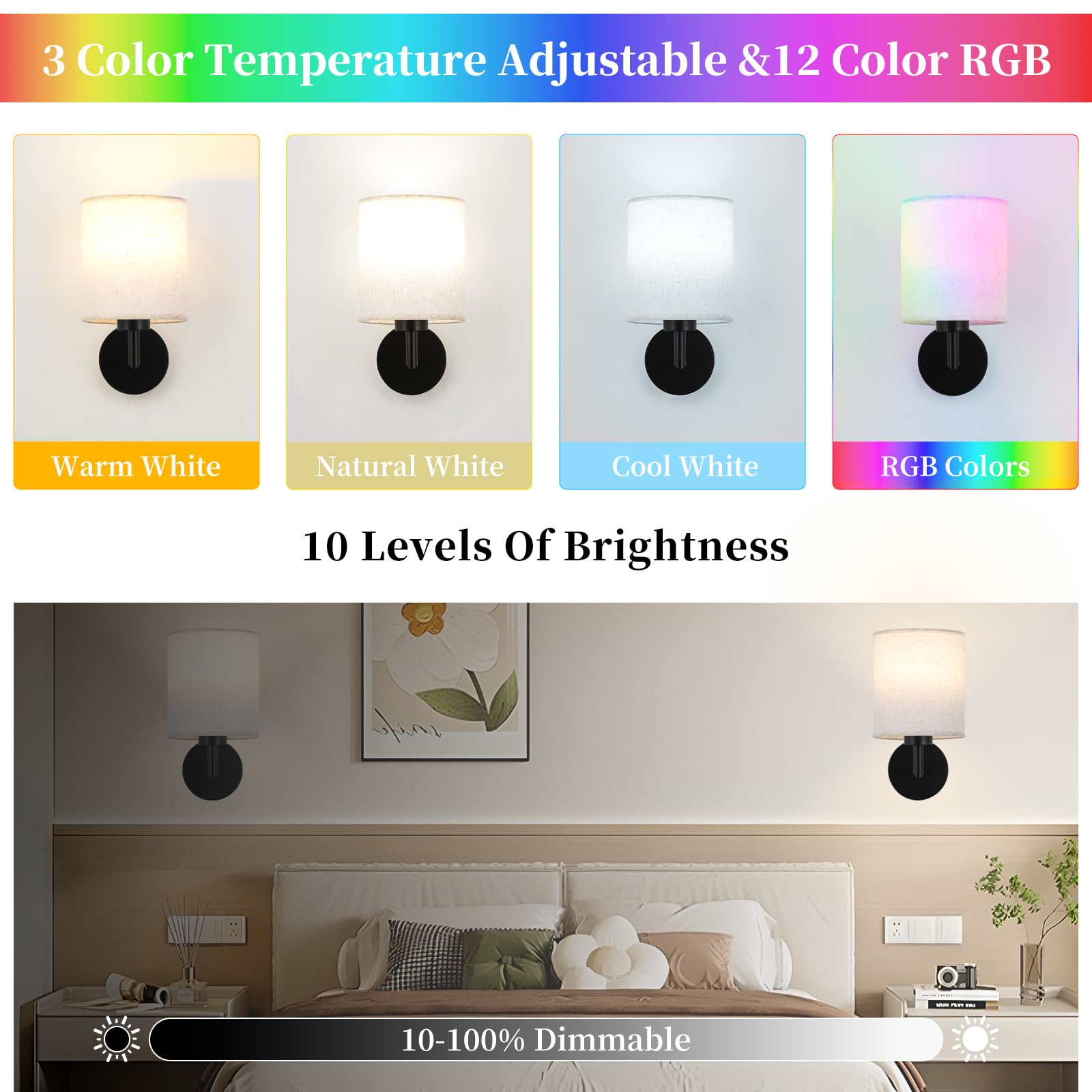 XIGUCUCN Rechargeable Wall Sconce Set of 2, Battery Operated, LED Bulb, 15 Colours Dimmable, Black, Model XG-WL03BK