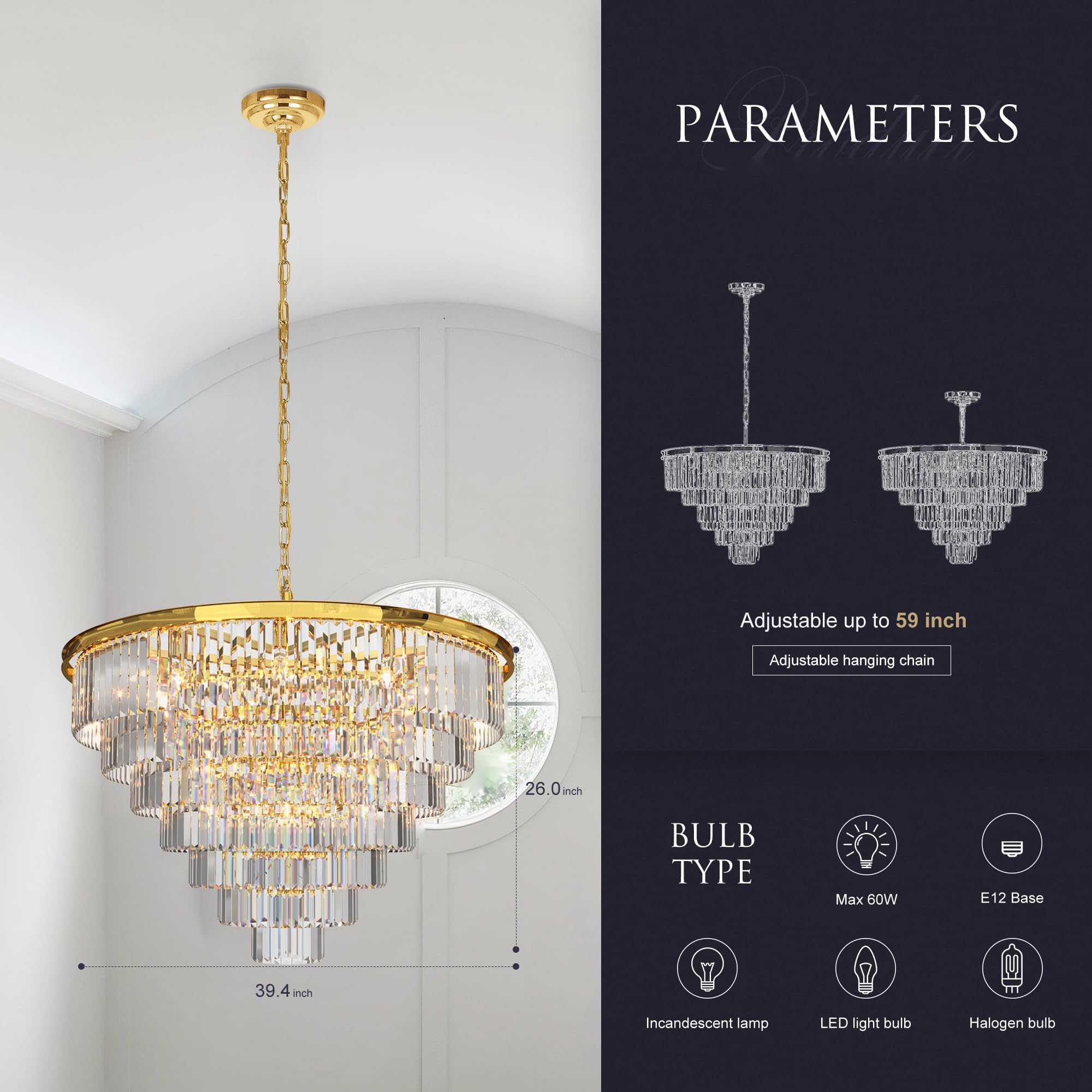 Meelighting Gold Crystal Chandelier Lighting Modern Contemporary Empress Chandeliers Pendant Ceiling Lamp Light Fixture 7-Tier For Dining Living Room Hotel 24 Lights W39.4