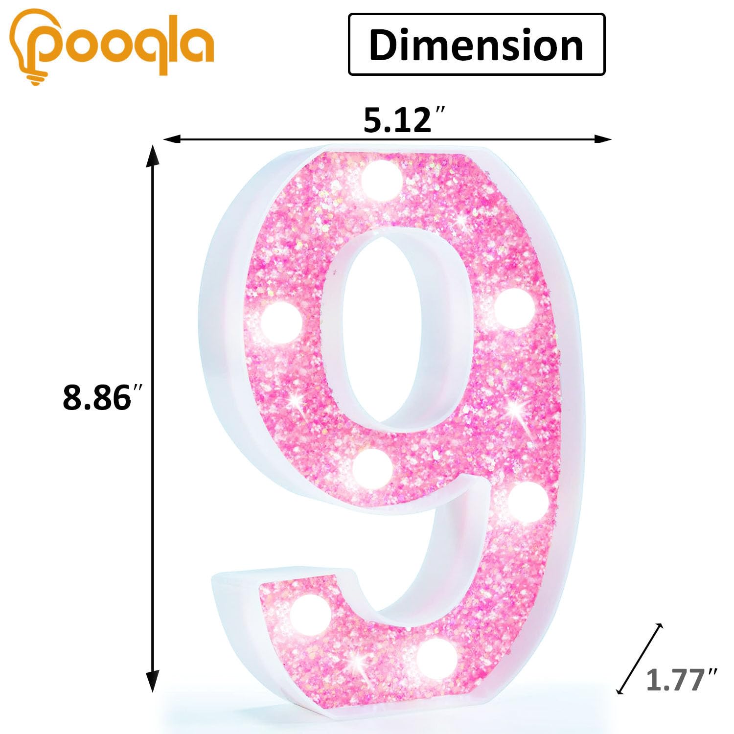 Pooqla Pink Light Up Number 9 - Battery Powered Glitter Night Light for Girls' Birthday, Cool White Party Decoration