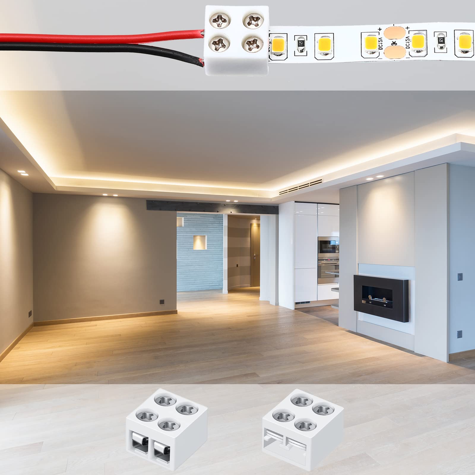 25 Pack Solderless White Led Tape Light Connectors Tighten Screw Terminal Blocks 2 Pin 10Mm Connector With Screwdriver Wire To S