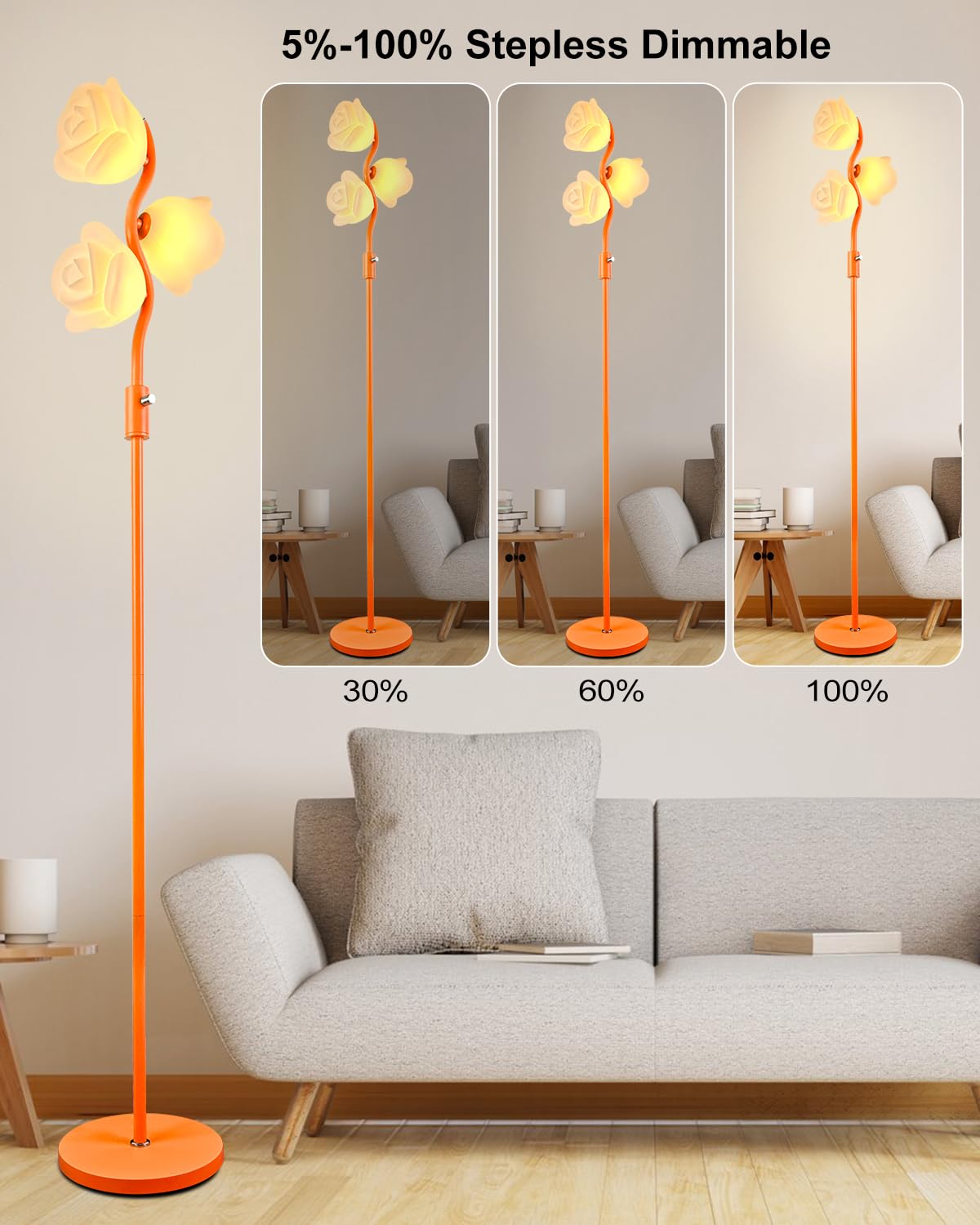 Lightdot 3-Light Flower Floor Lamp Stepless Dimmable Modern Mid Century Standing Lamp With 3Pcs 3000K G9 Bulbs Unique Cute Orang